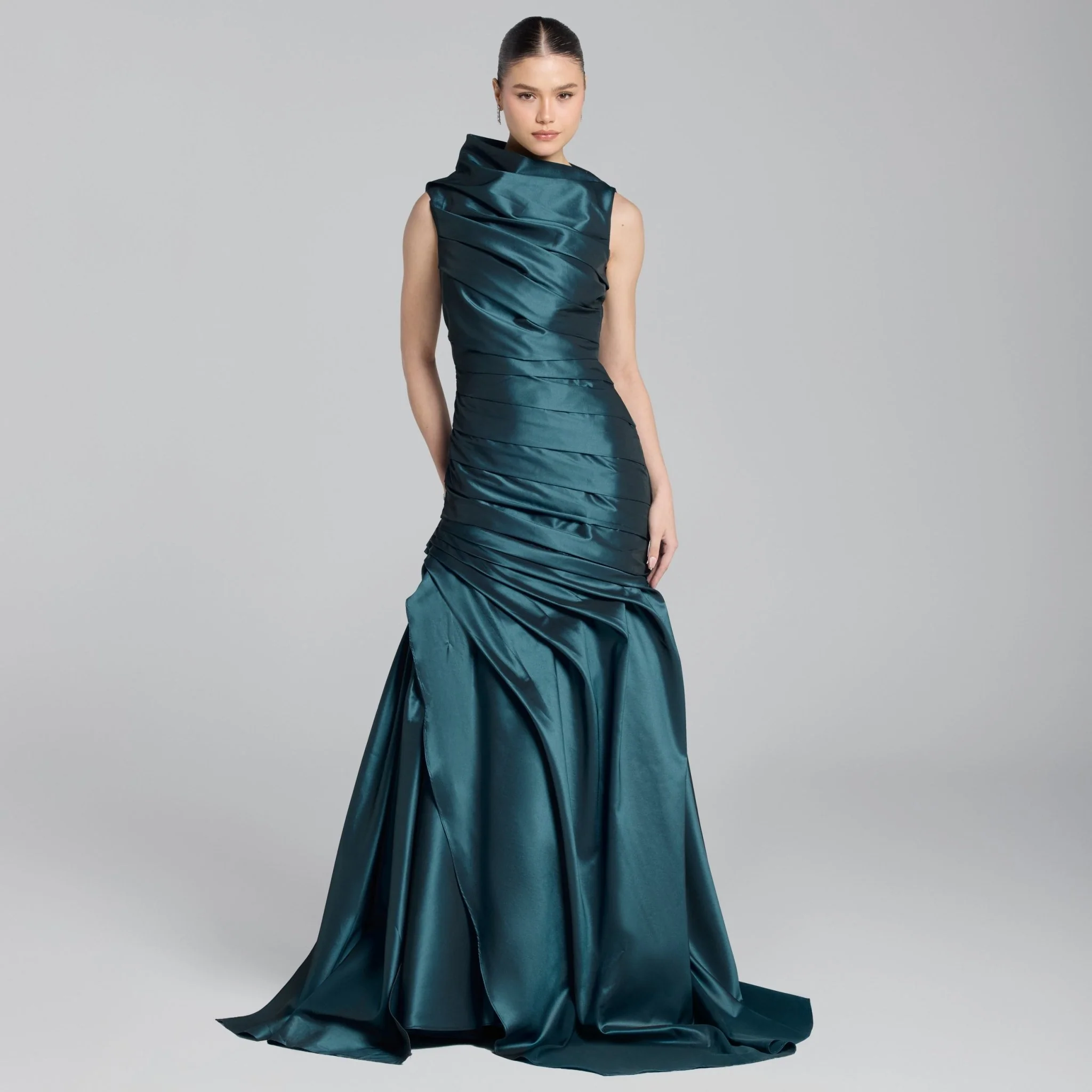Blue Draped Taffeta Fishtail Gown - Image 7