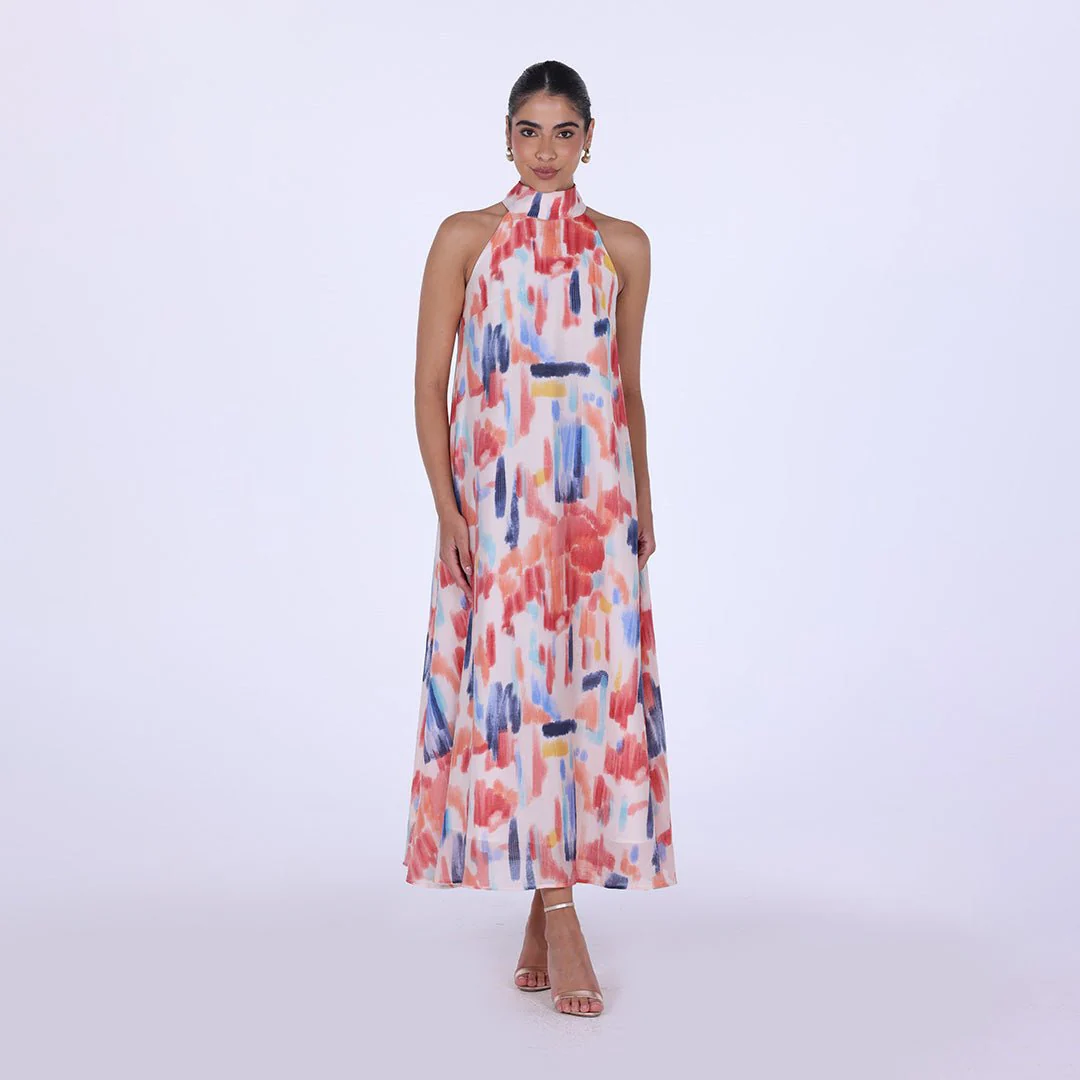 Blue Peach Printed Back Bow Maxi Dress