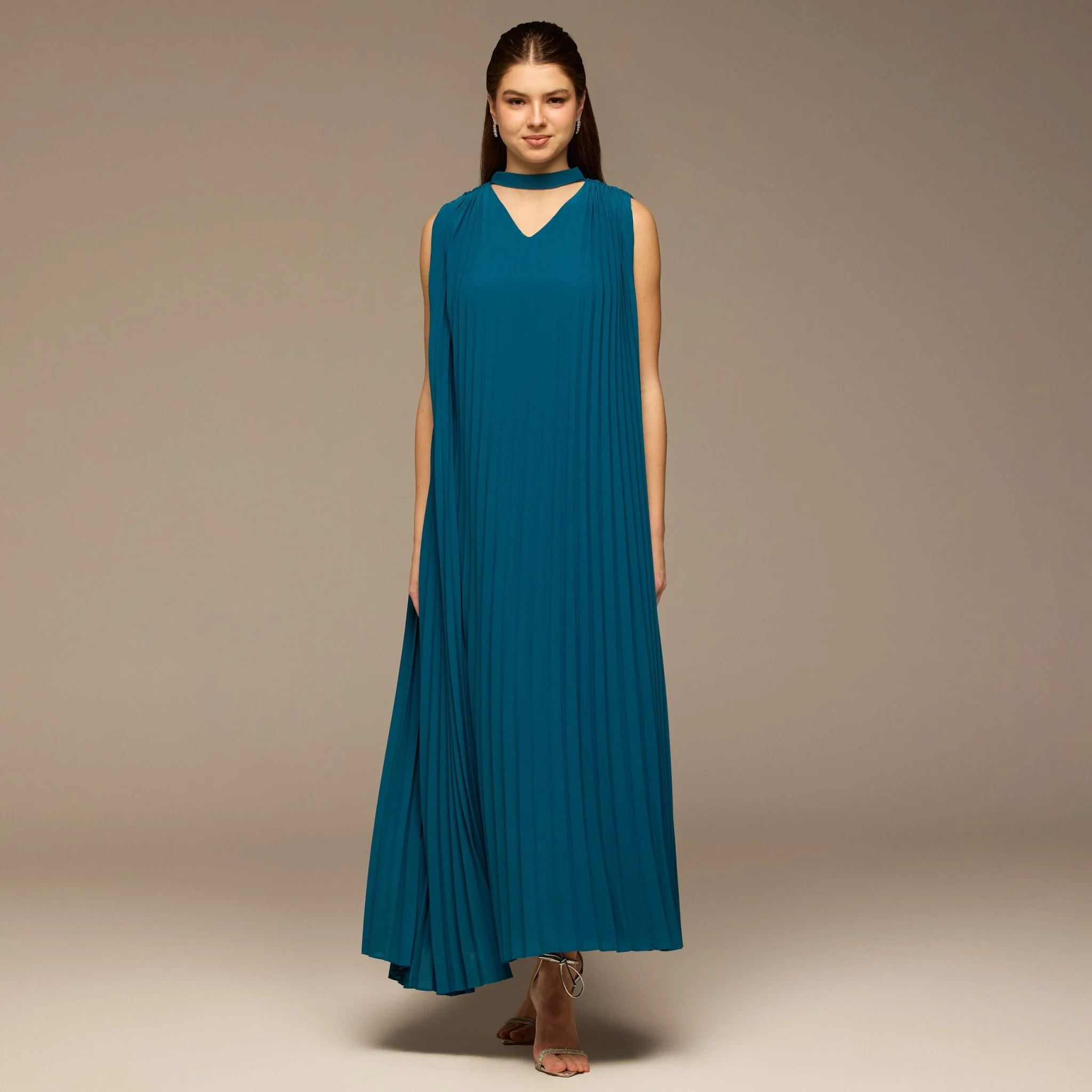 Blue V-Neck All Over Pleated Chiffon Maxi Dress