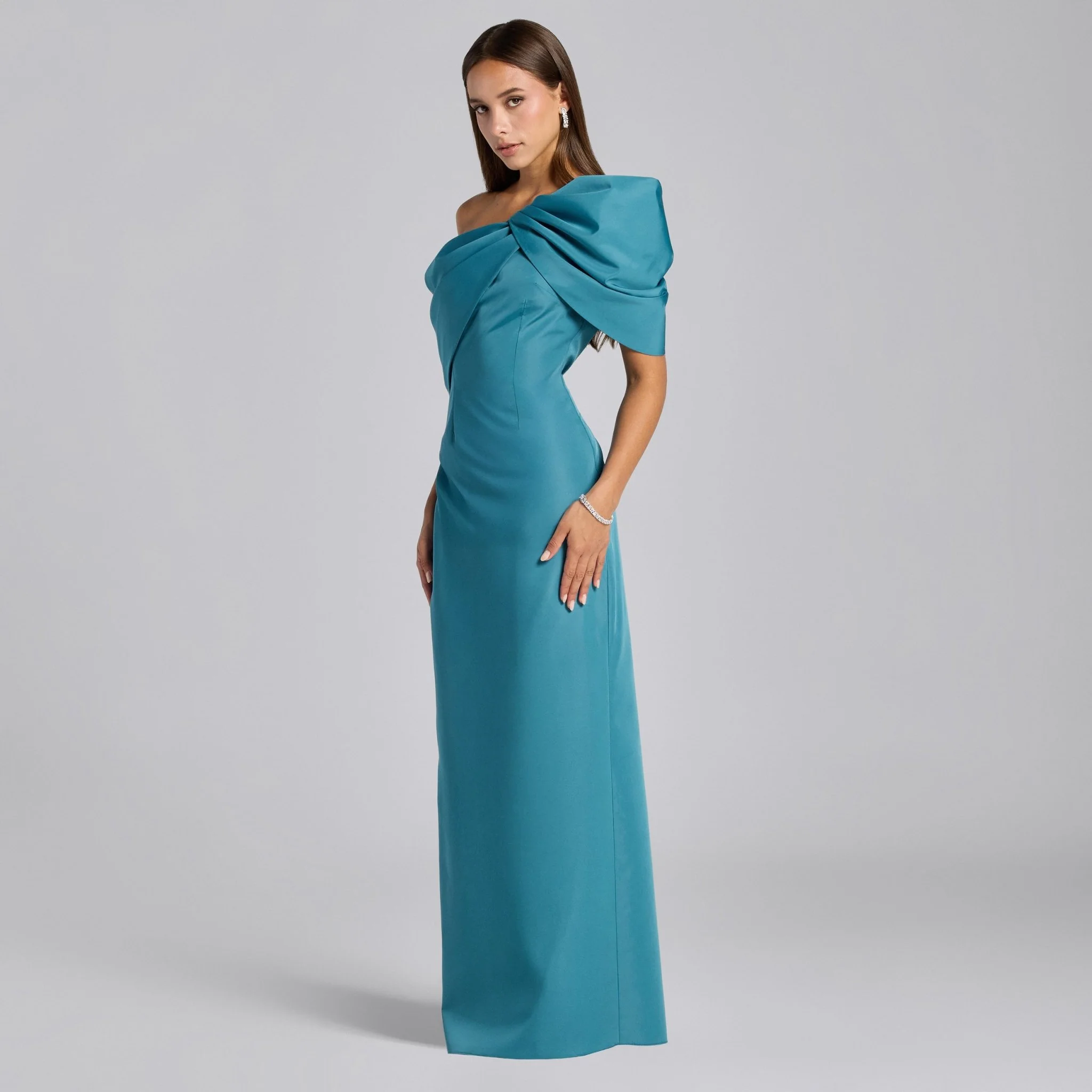 Blue Taffeta Off Shoulder Draped Maxi Dress - Image 2