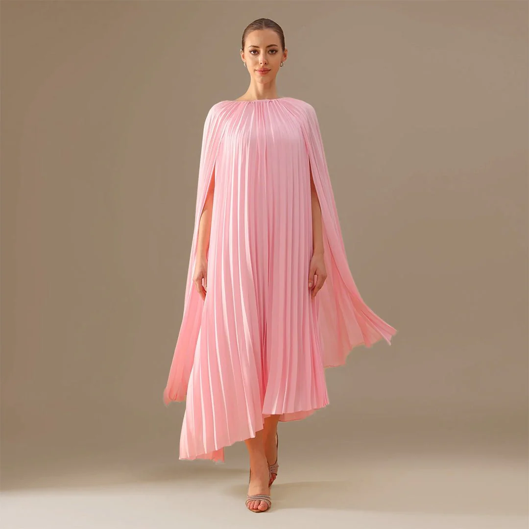 Boat Neckline Long Sleeve Pleated Dress
