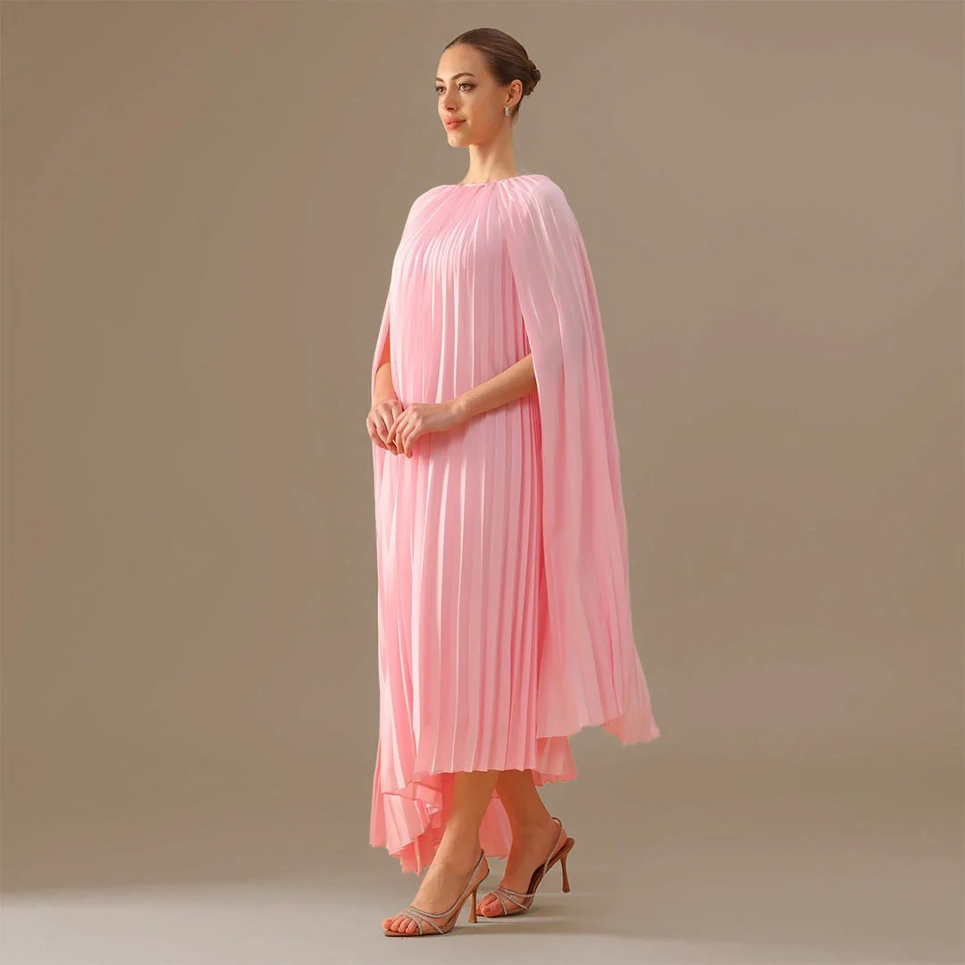Boat Neckline Long Sleeve Pleated Dress - Image 2