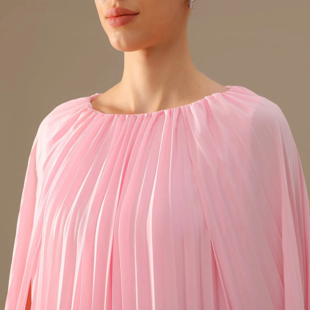 Boat Neckline Long Sleeve Pleated Dress - Image 3