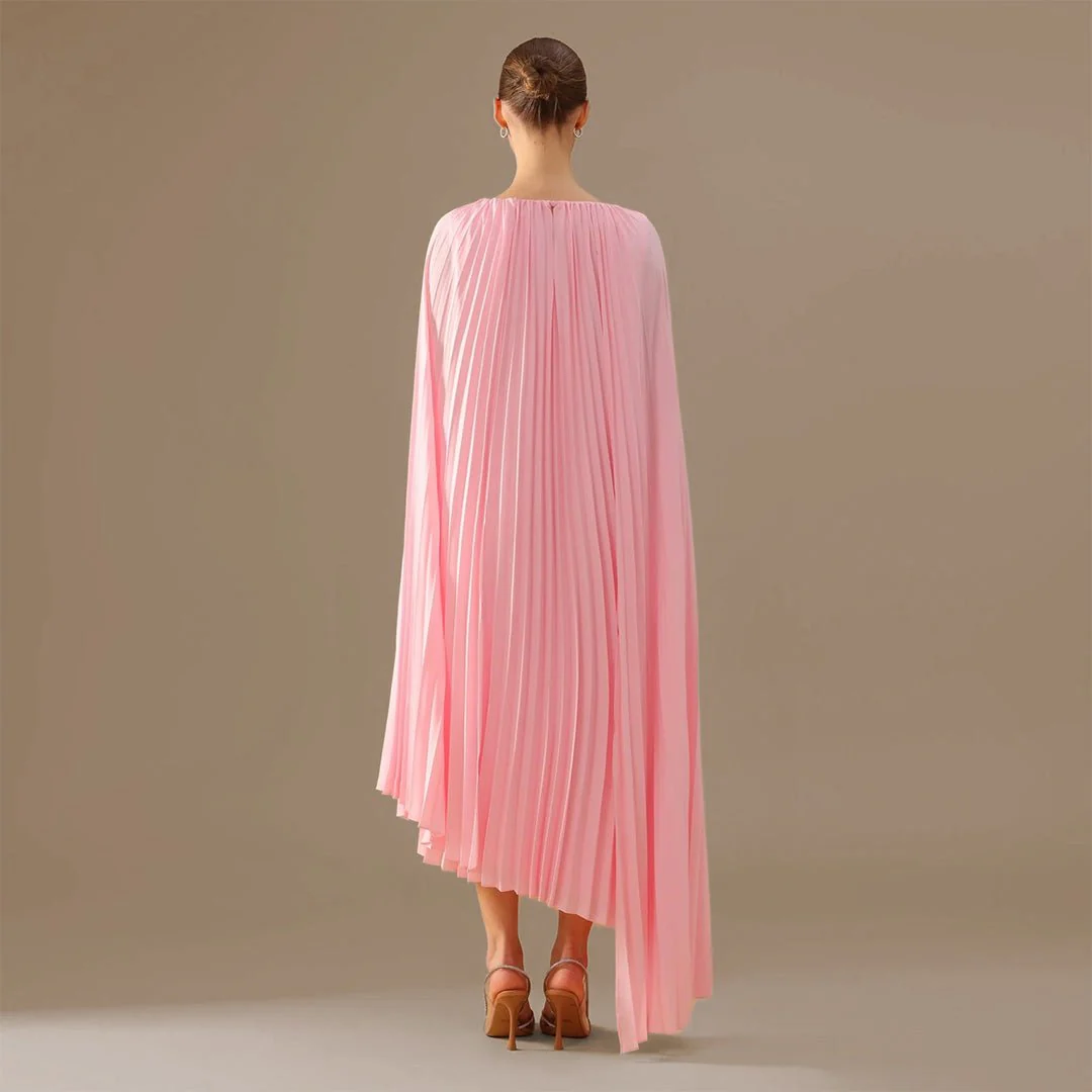 Boat Neckline Long Sleeve Pleated Dress - Image 4