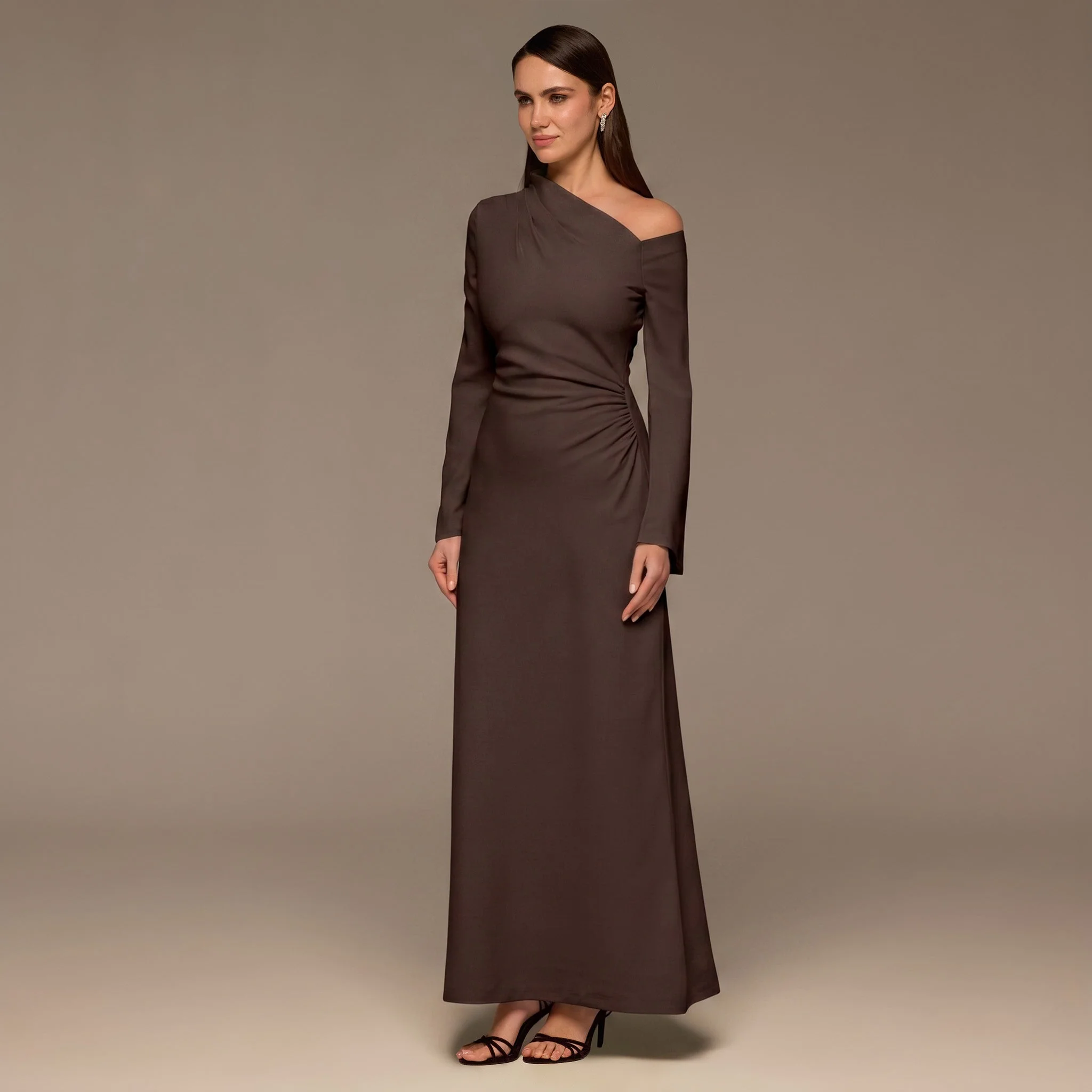 Brown Bare shoulder Crepe Maxi Dress - Image 3