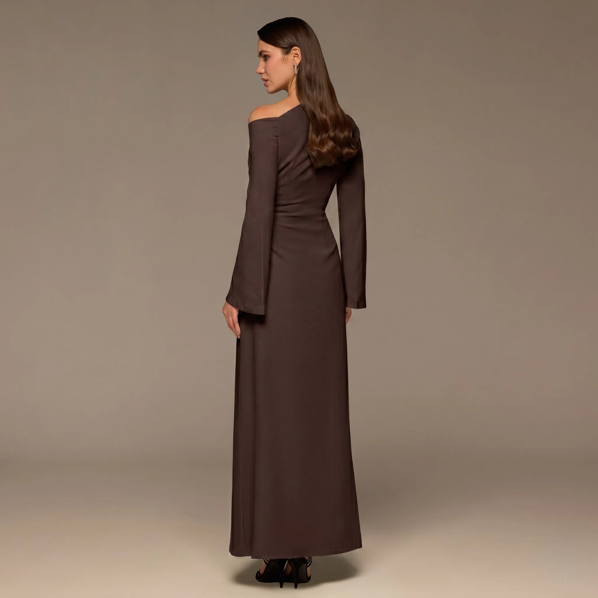 Brown Bare shoulder Crepe Maxi Dress - Image 4