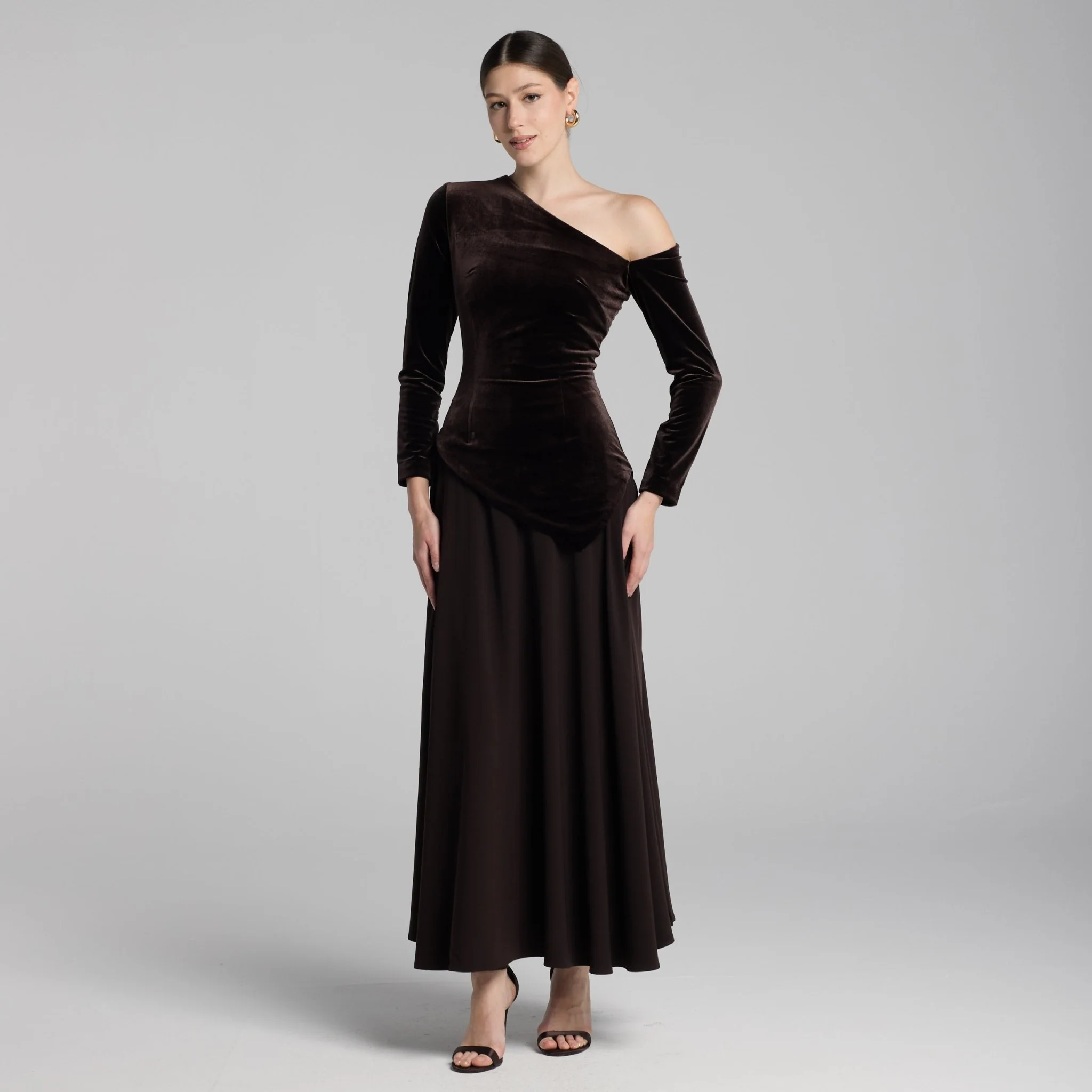 Brown Asymmetric Velvet and Crepe A-Line Dress