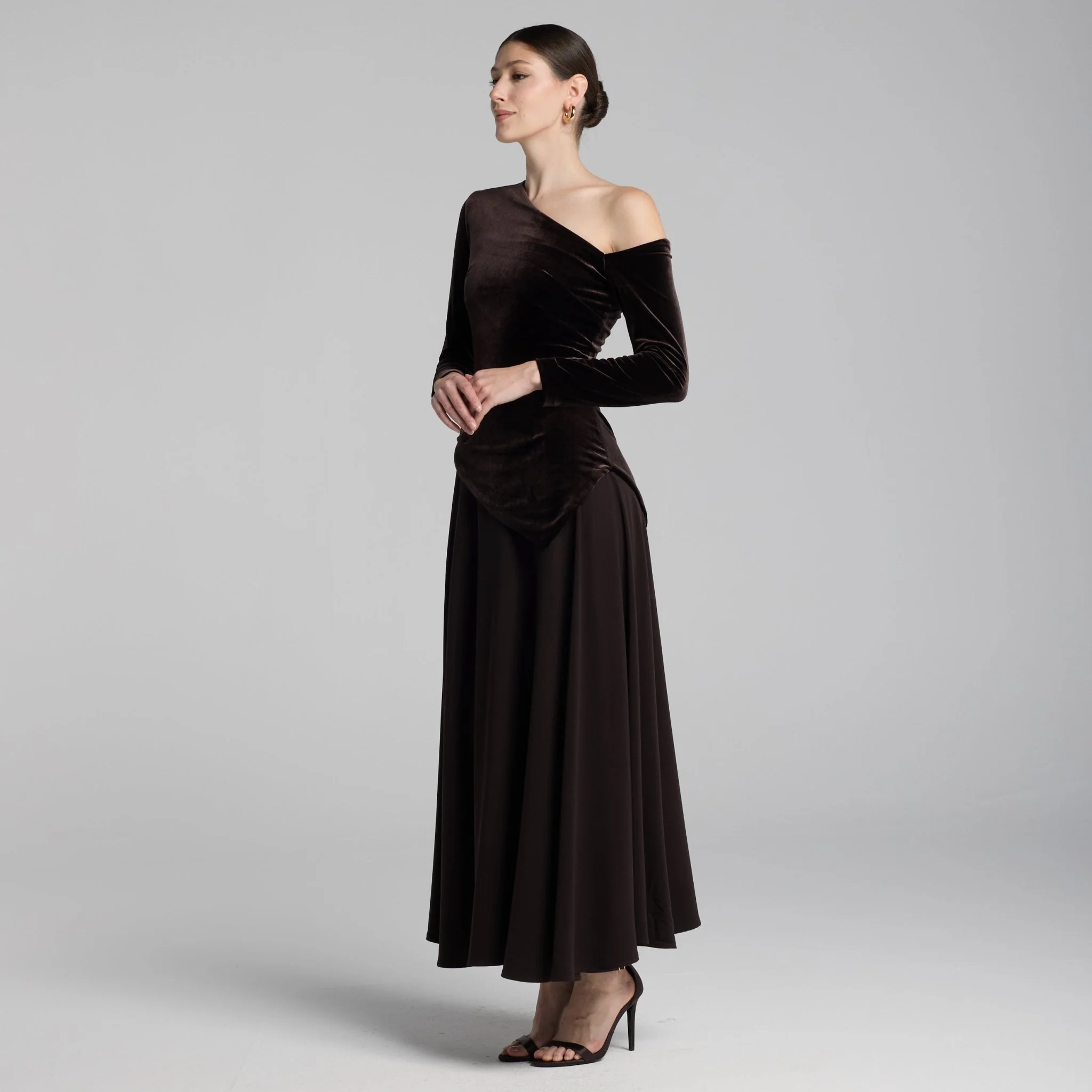 Brown Asymmetric Velvet and Crepe A-Line Dress - Image 3
