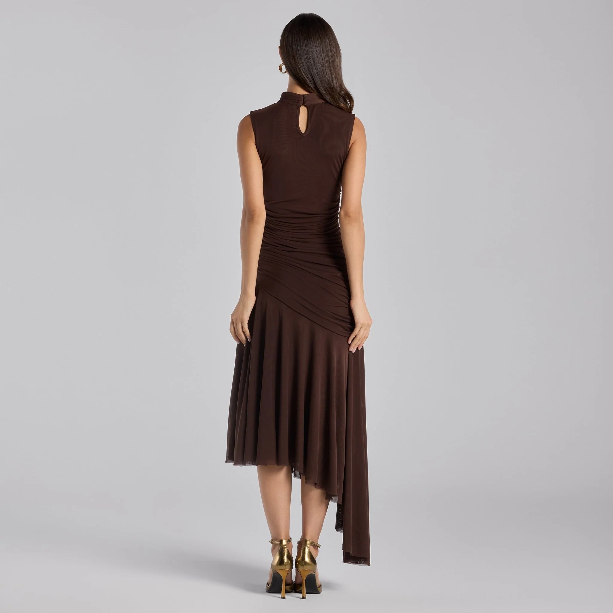 Brown Ruched Ruffle Midi Dress - Image 4