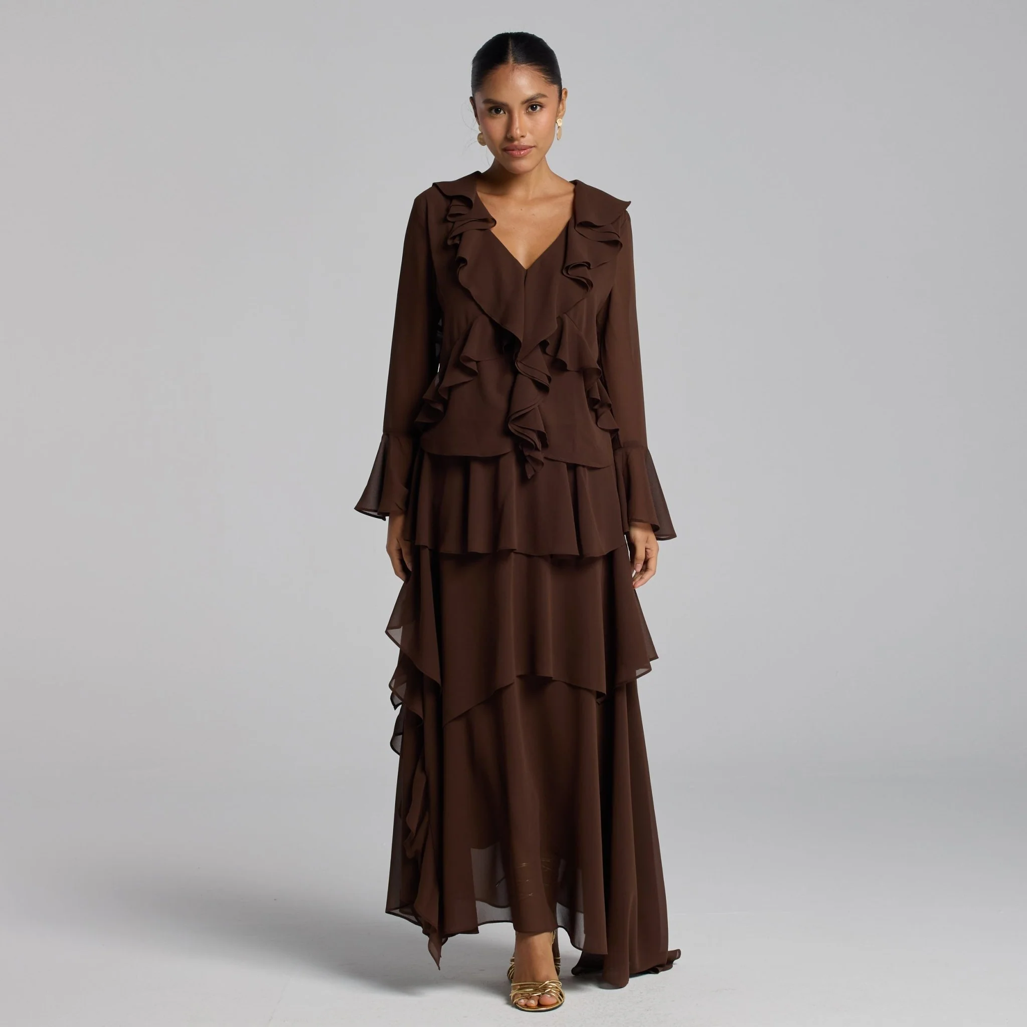 Brown Chiffon Ruffle Top & Skirt Set