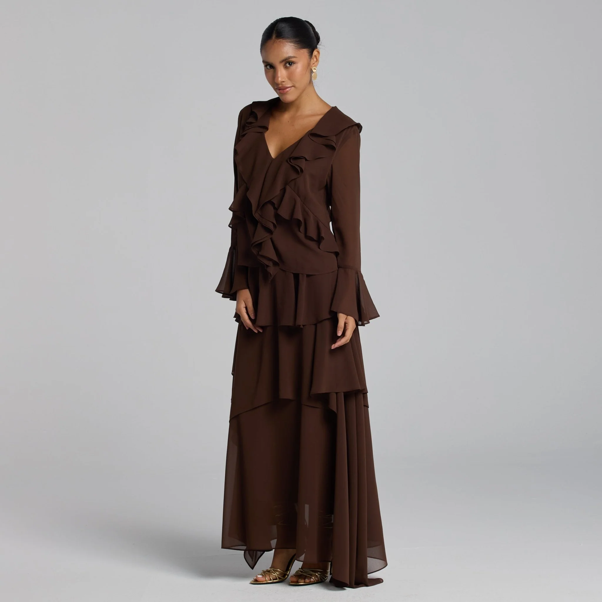 Brown Chiffon Ruffle Top & Skirt Set - Image 2
