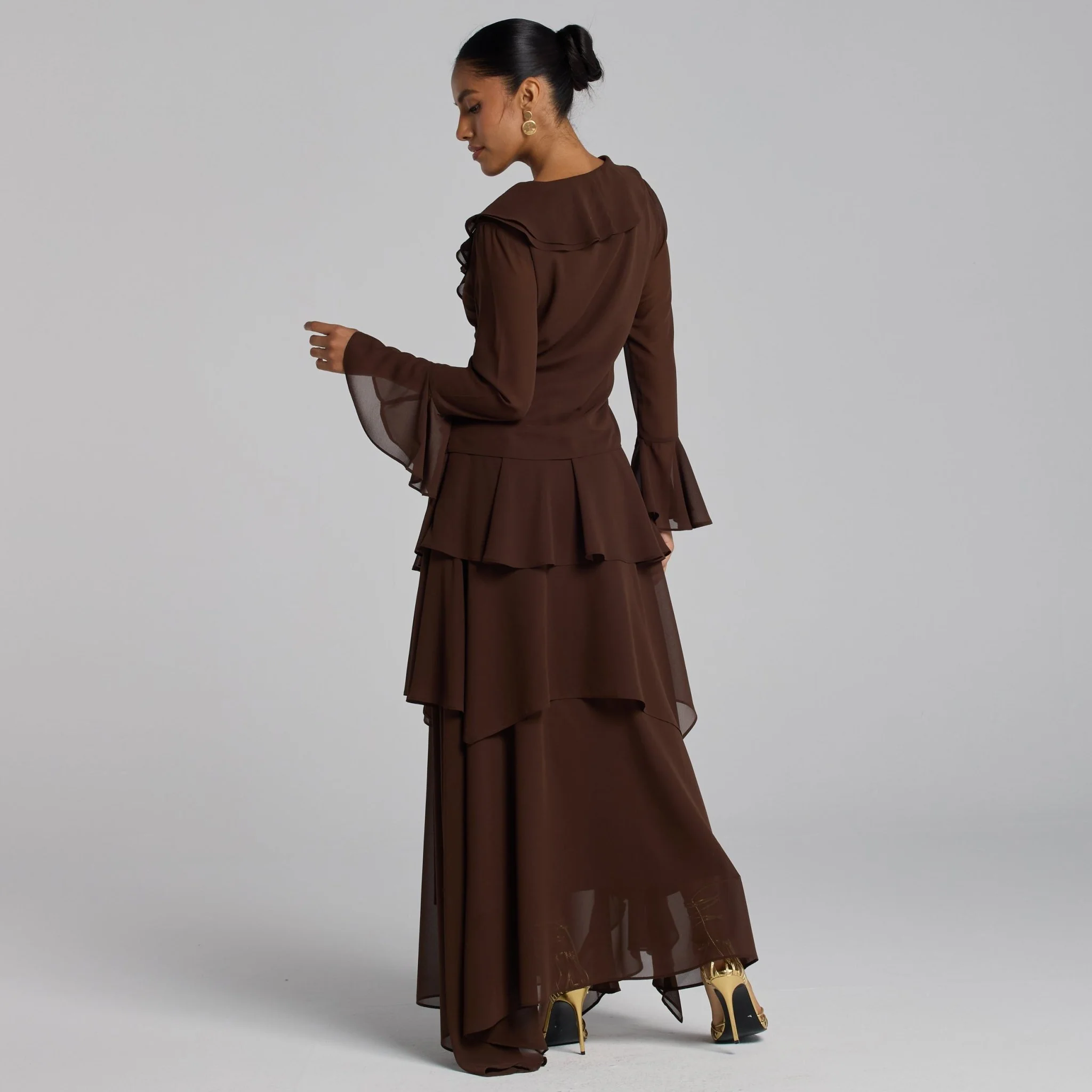 Brown Chiffon Ruffle Top & Skirt Set - Image 4