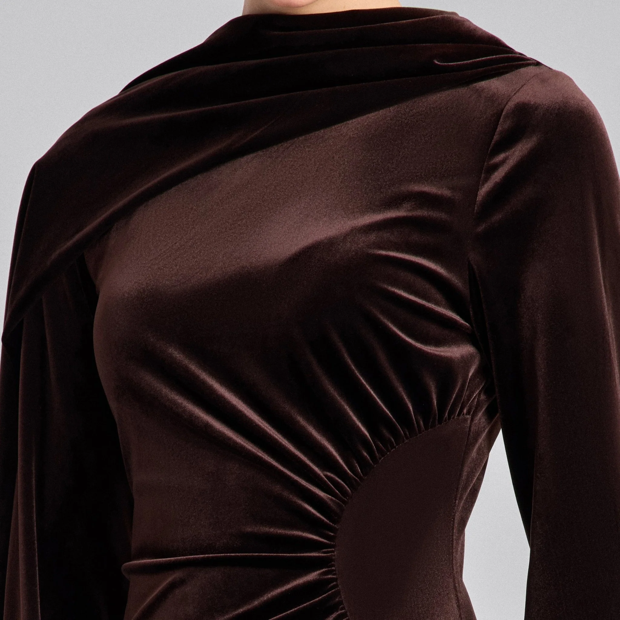 Brown Cowl Neck Draped Velvet Midi Dress - Image 4