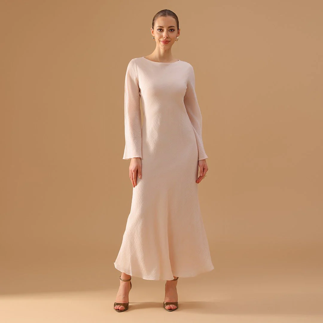 White Crepe Dress with Flared Long Sleeves