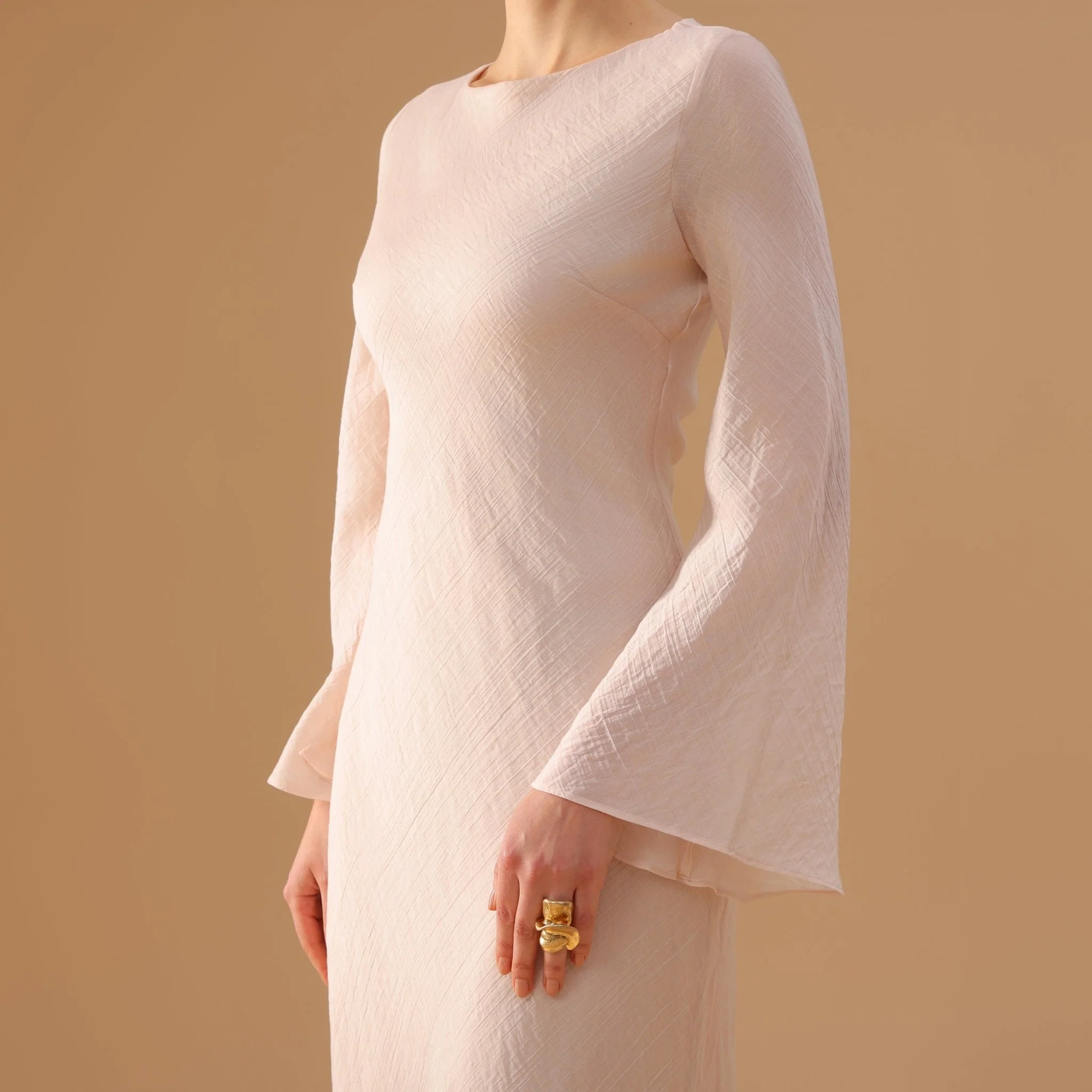 White Crepe Dress with Flared Long Sleeves - Image 3