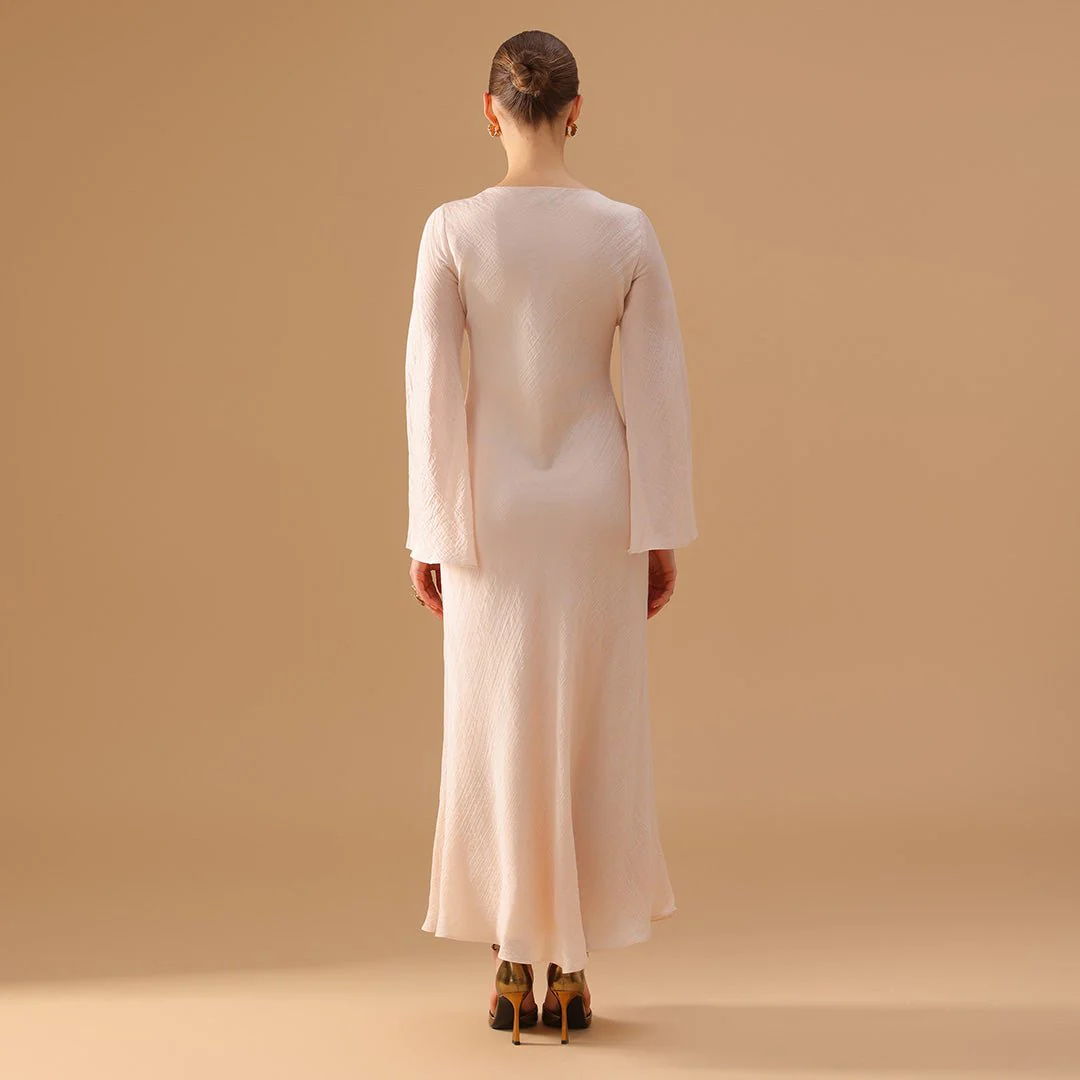 White Crepe Dress with Flared Long Sleeves - Image 4