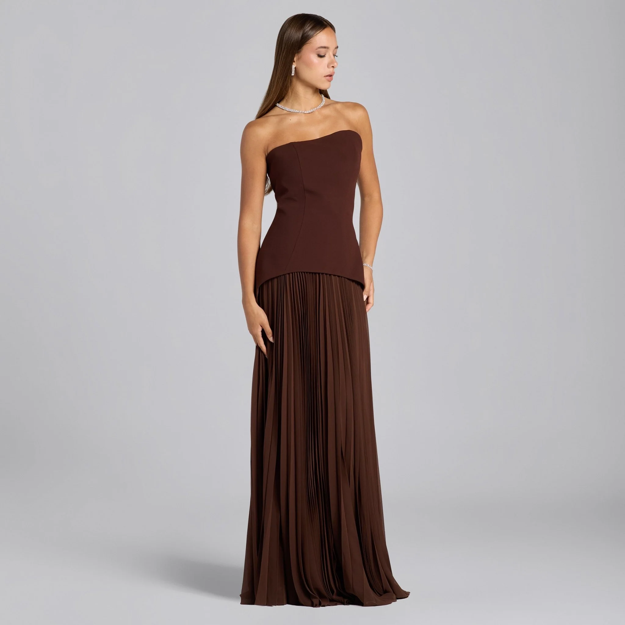 Brown Crepe & Chiffon One Shoulder Dress with Pleated Skirt - Image 2