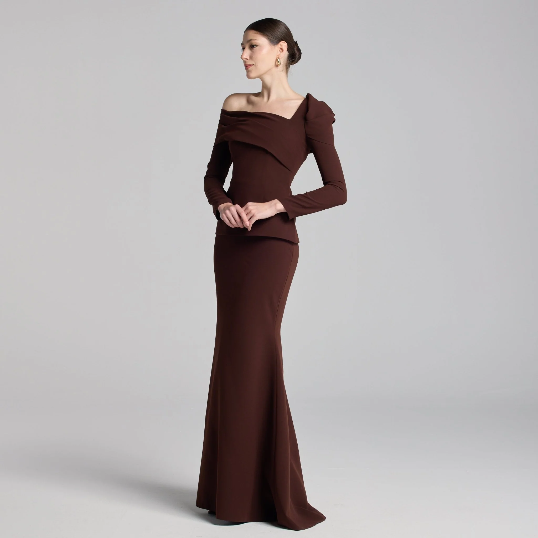 Brown Crepe Off Shoulder Draped Maxi Dress - Image 2