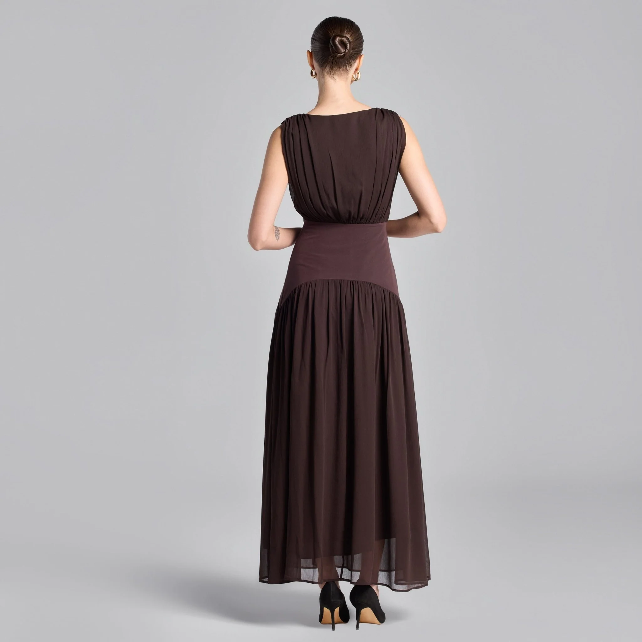 Brown Chiffon Maxi Dress with Twill Waistband - Image 3