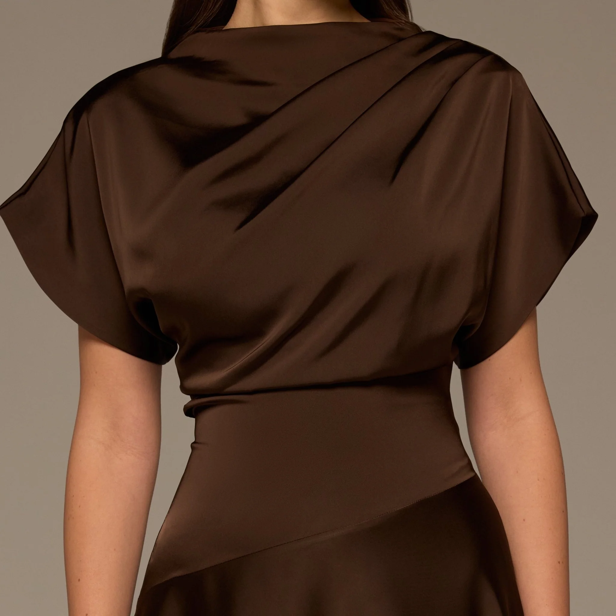 Brown Short Sleeve Asymmetric Satin Dress - Image 4