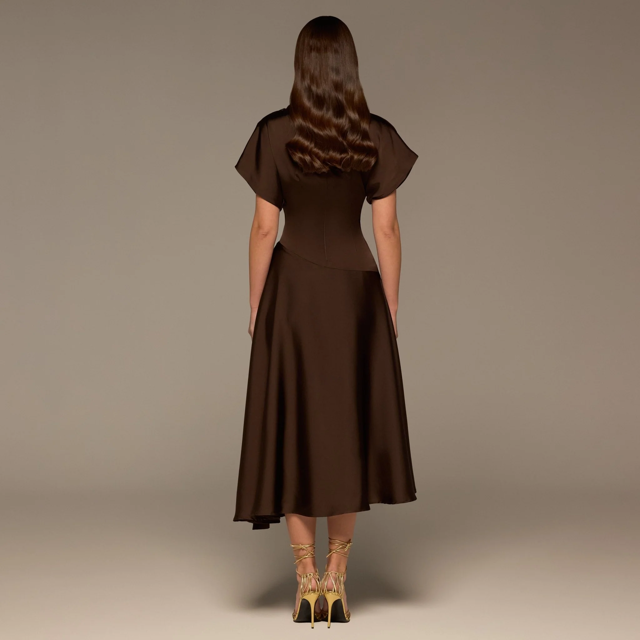 Brown Short Sleeve Asymmetric Satin Dress - Image 5