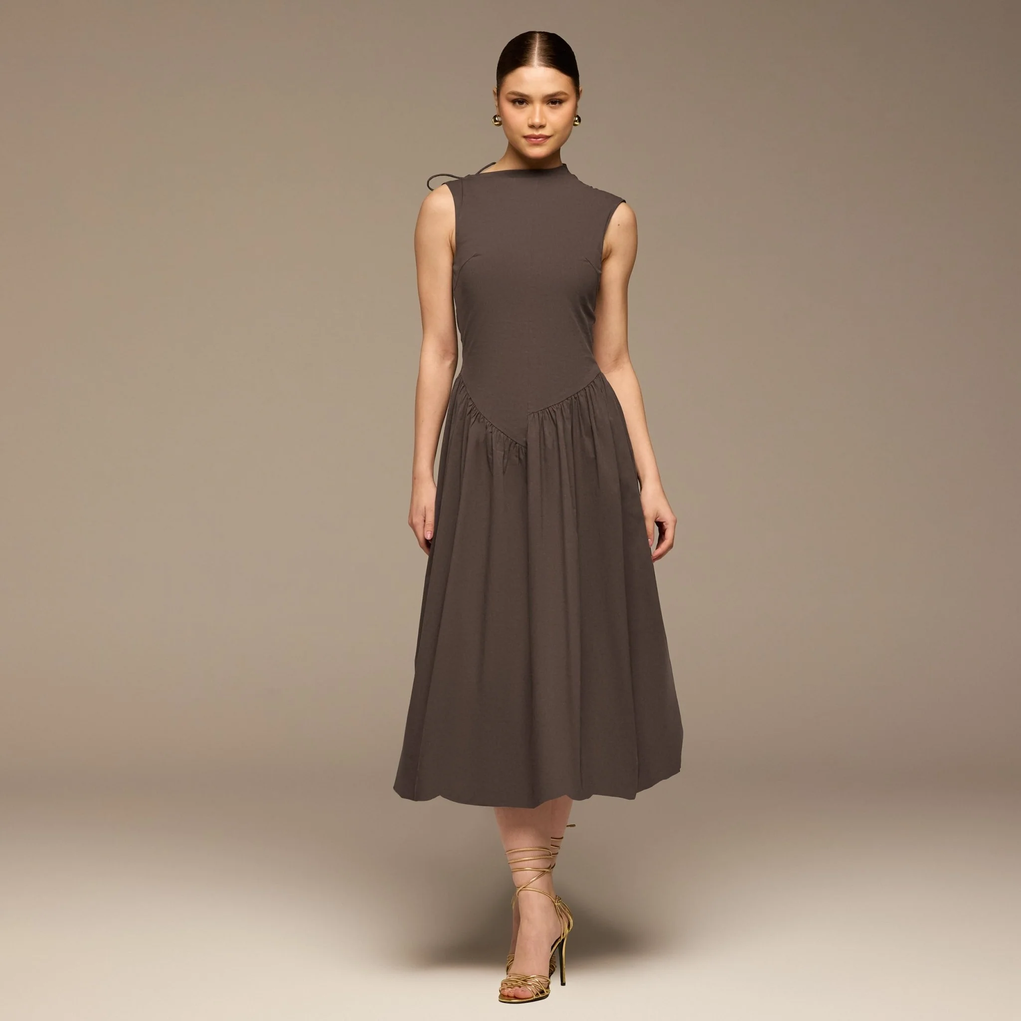 Brown Cotton Sleeveless Balloon Dress