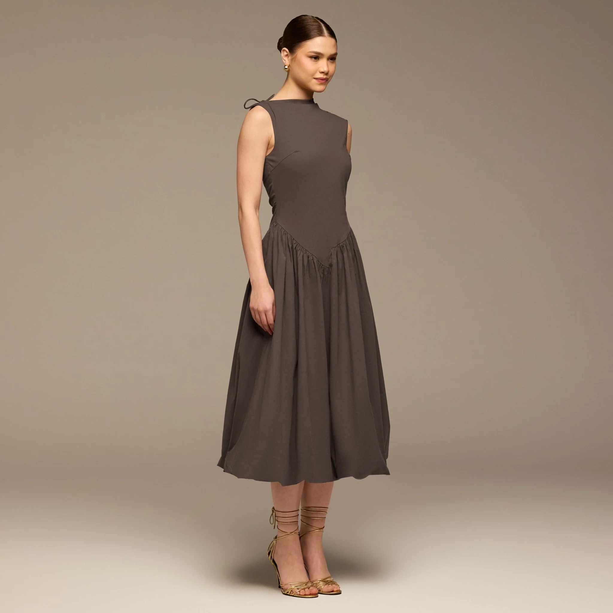 Brown Cotton Sleeveless Balloon Dress - Image 2