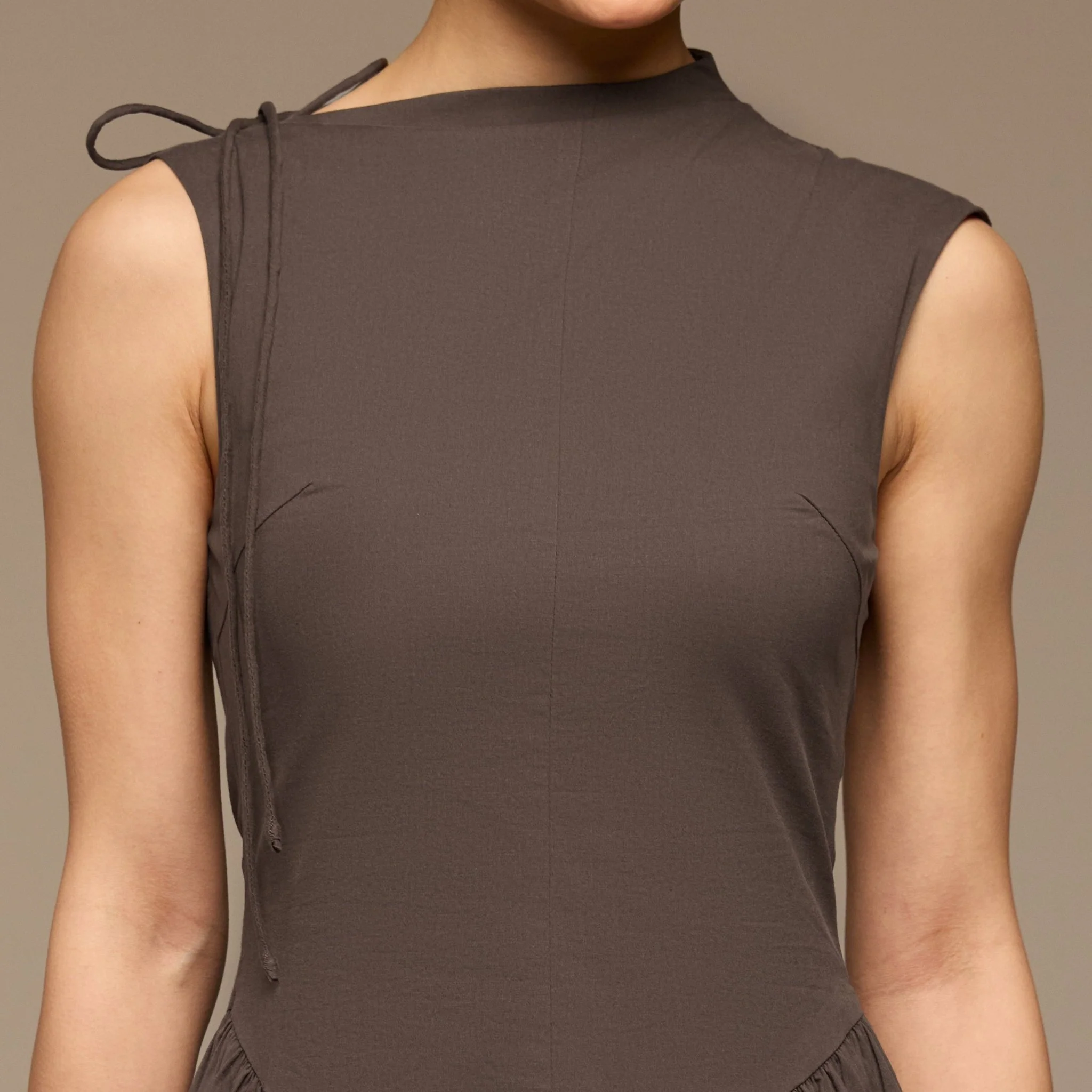 Brown Cotton Sleeveless Balloon Dress - Image 3