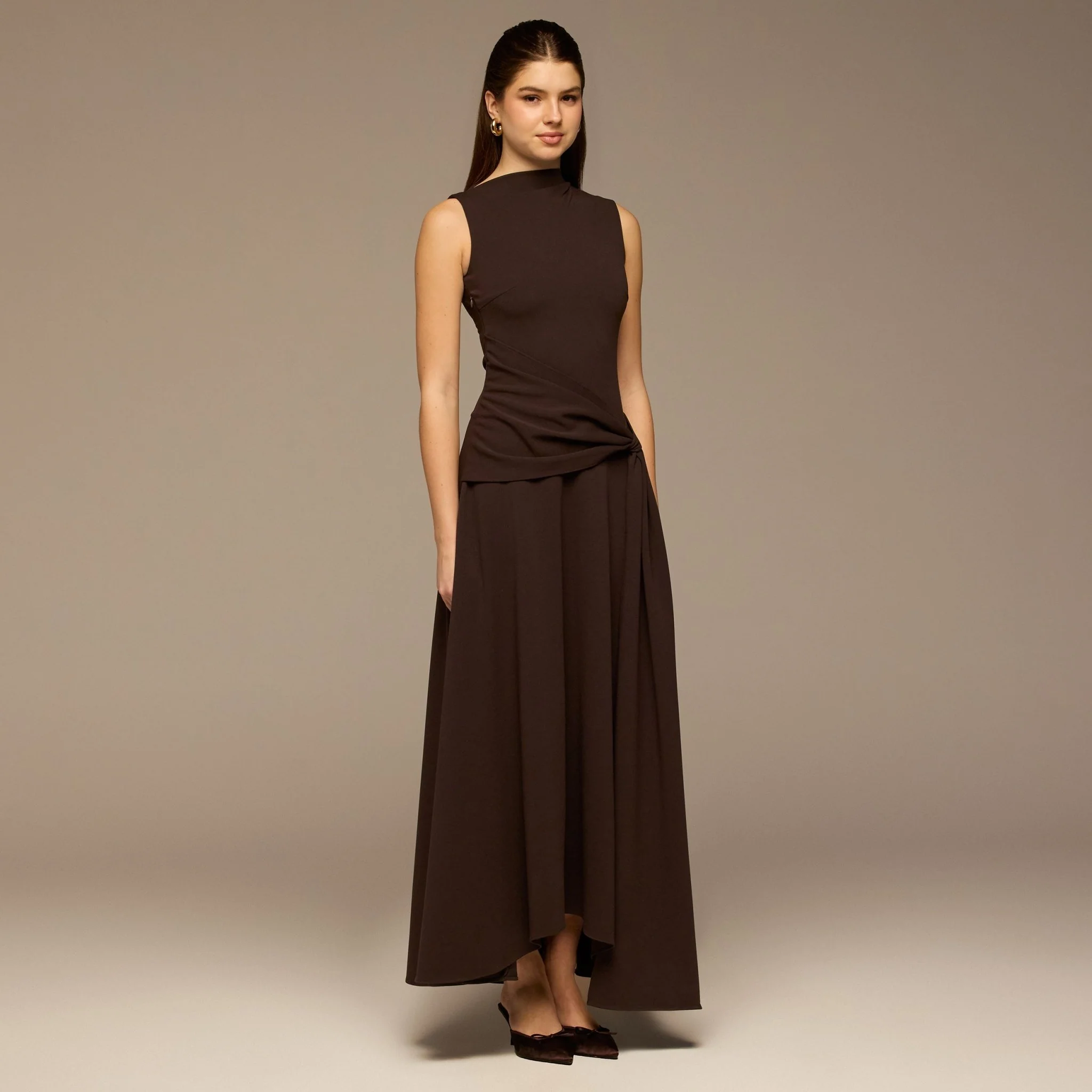 Brown Sleeveless A-line Crepe Maxi Dress - Image 2
