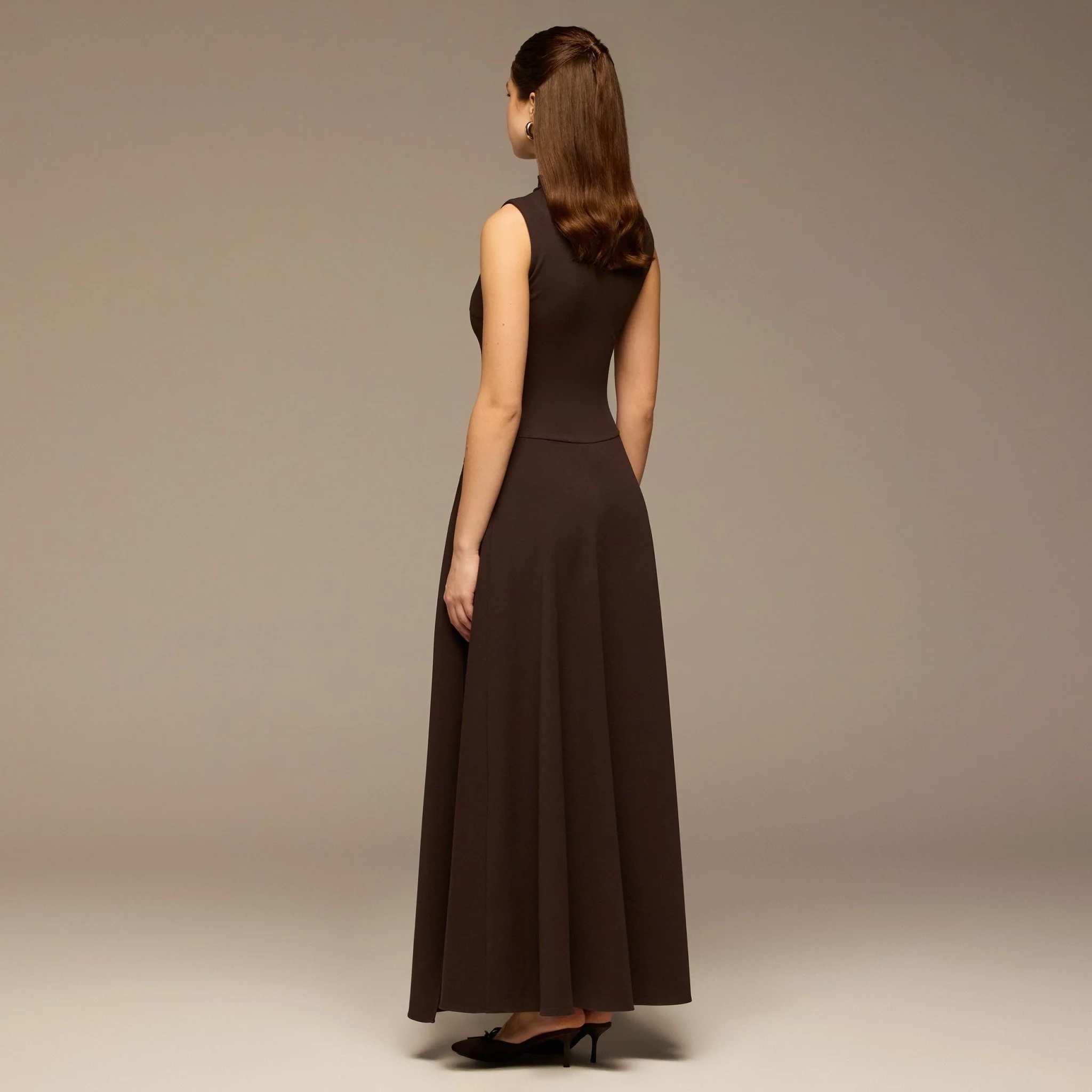 Brown Sleeveless A-line Crepe Maxi Dress - Image 4