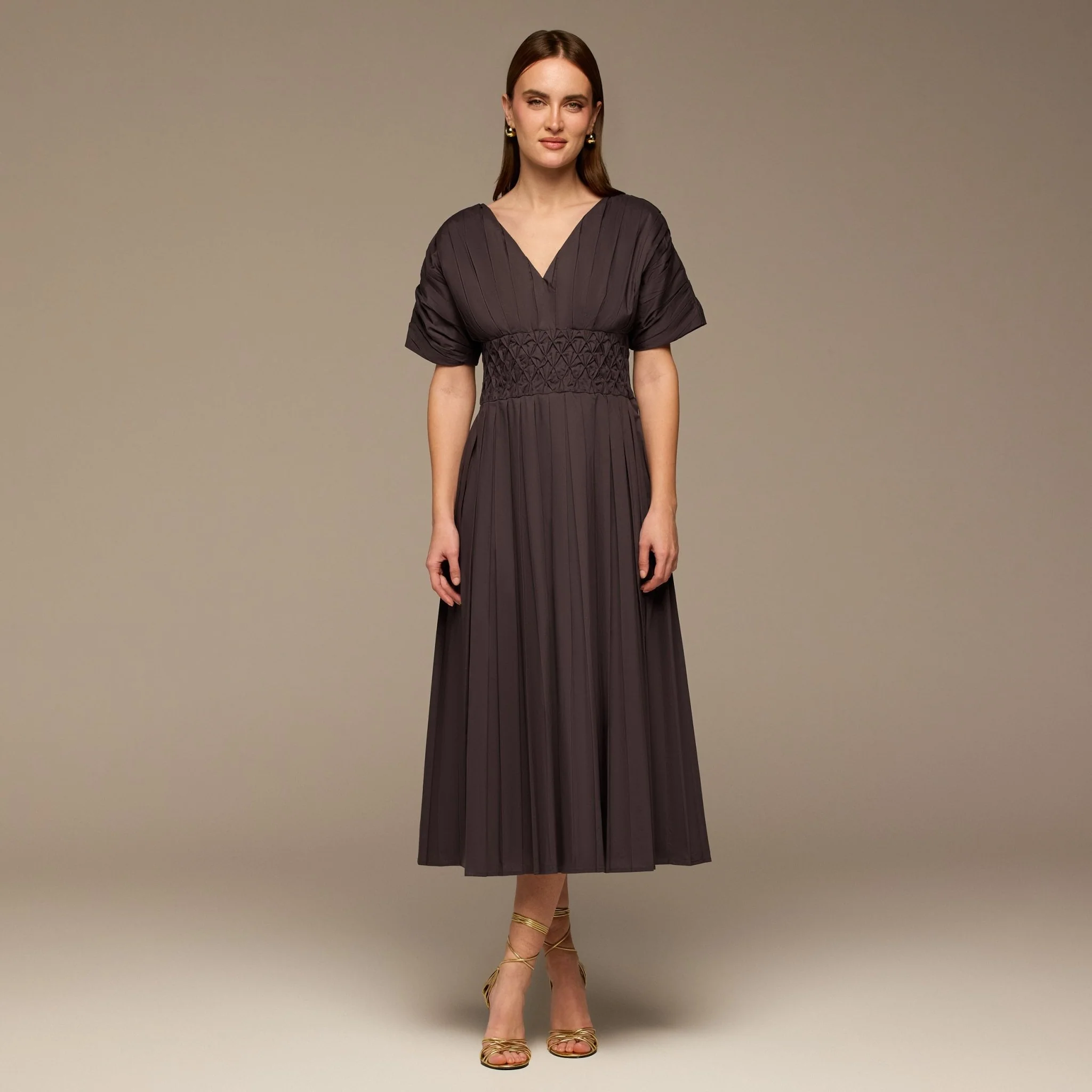 Brown Poplin Cotton Puffy Sleeve Dress