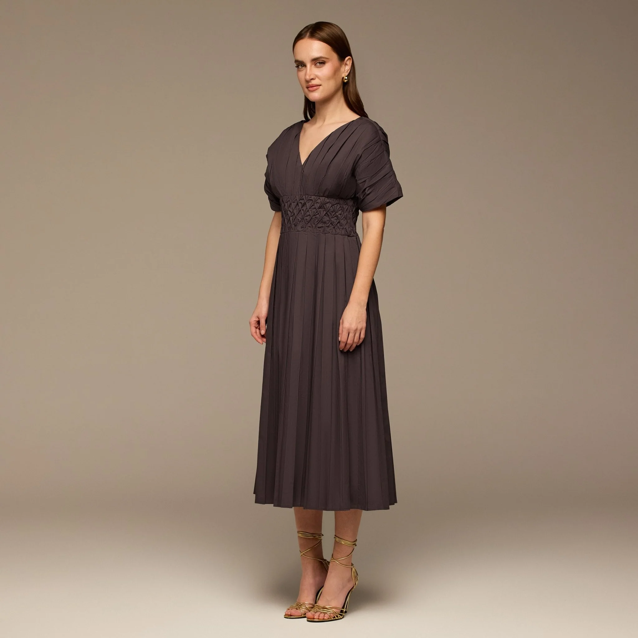 Brown Poplin Cotton Puffy Sleeve Dress - Image 2