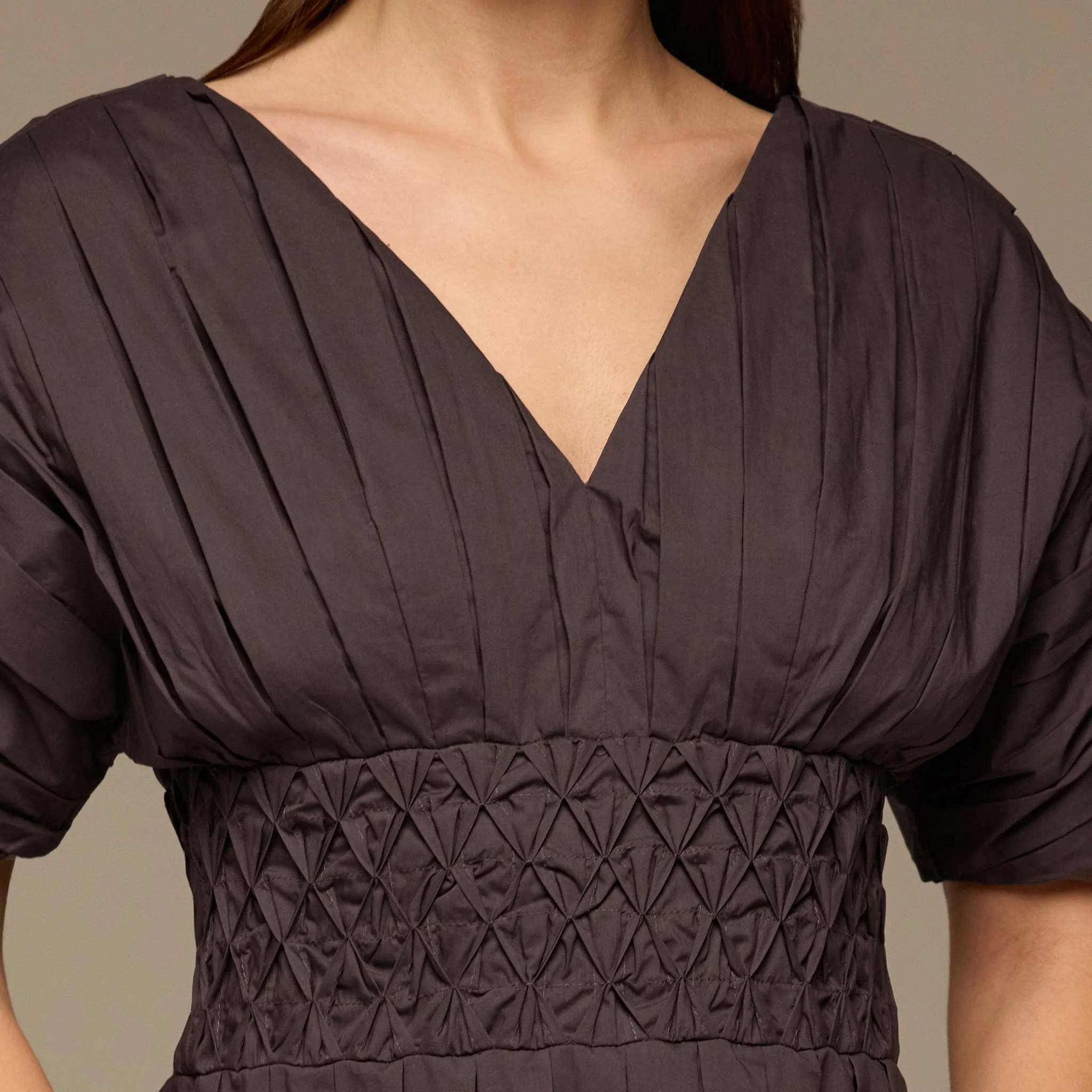 Brown Poplin Cotton Puffy Sleeve Dress - Image 3