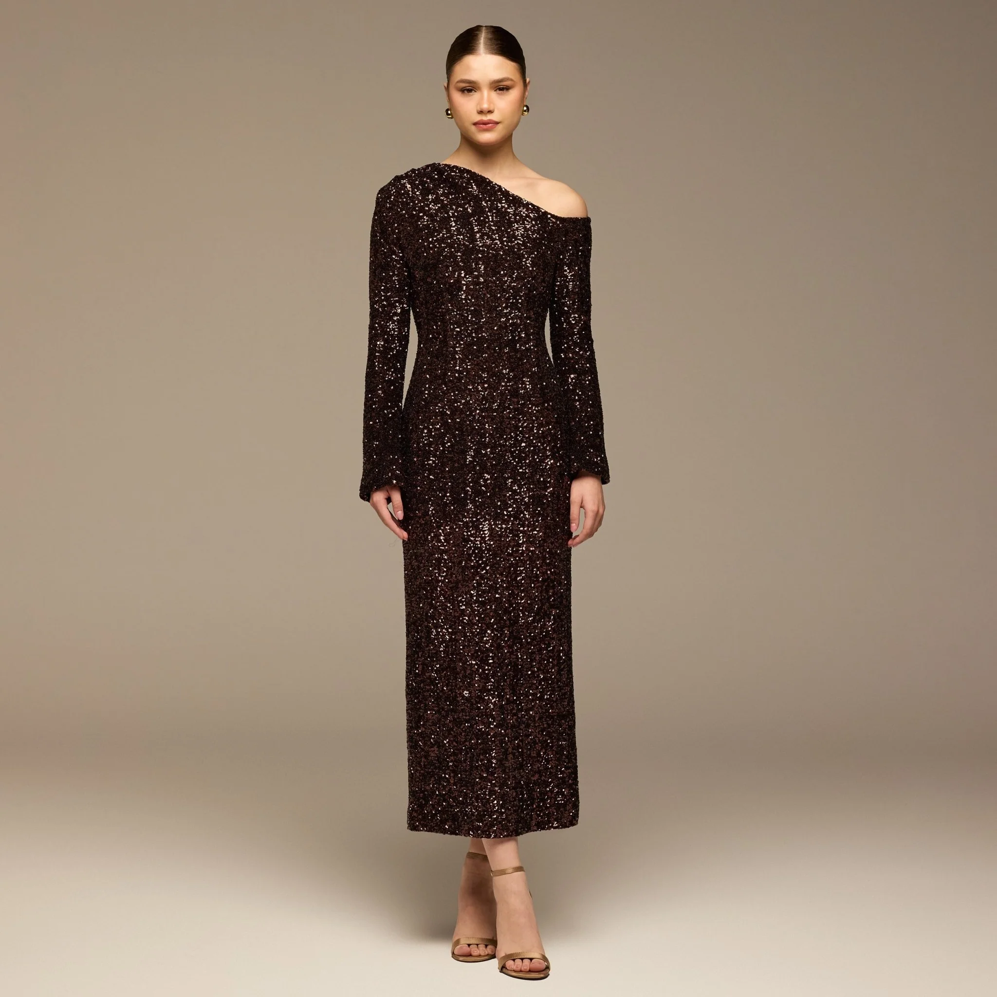 Brown Long-Sleeve Sequin Maxi Dress