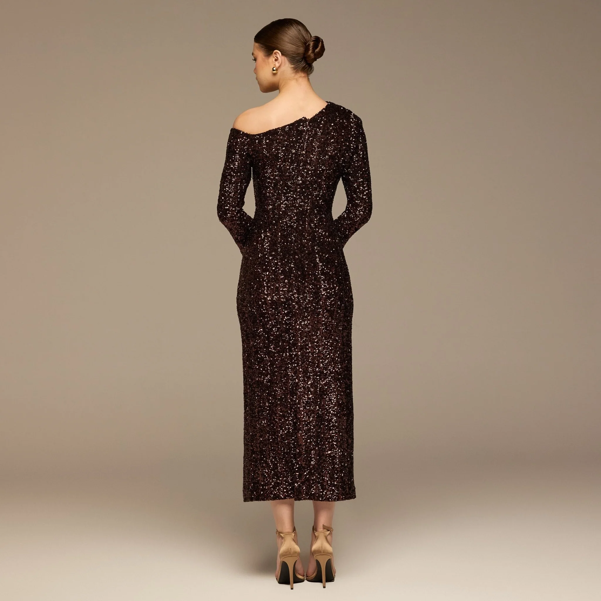 Brown Long-Sleeve Sequin Maxi Dress - Image 4