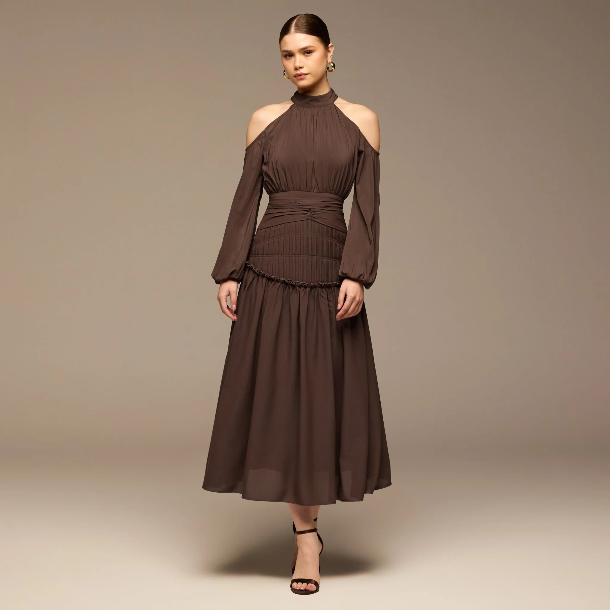 Brown Cold Shoulder Chiffon Dress