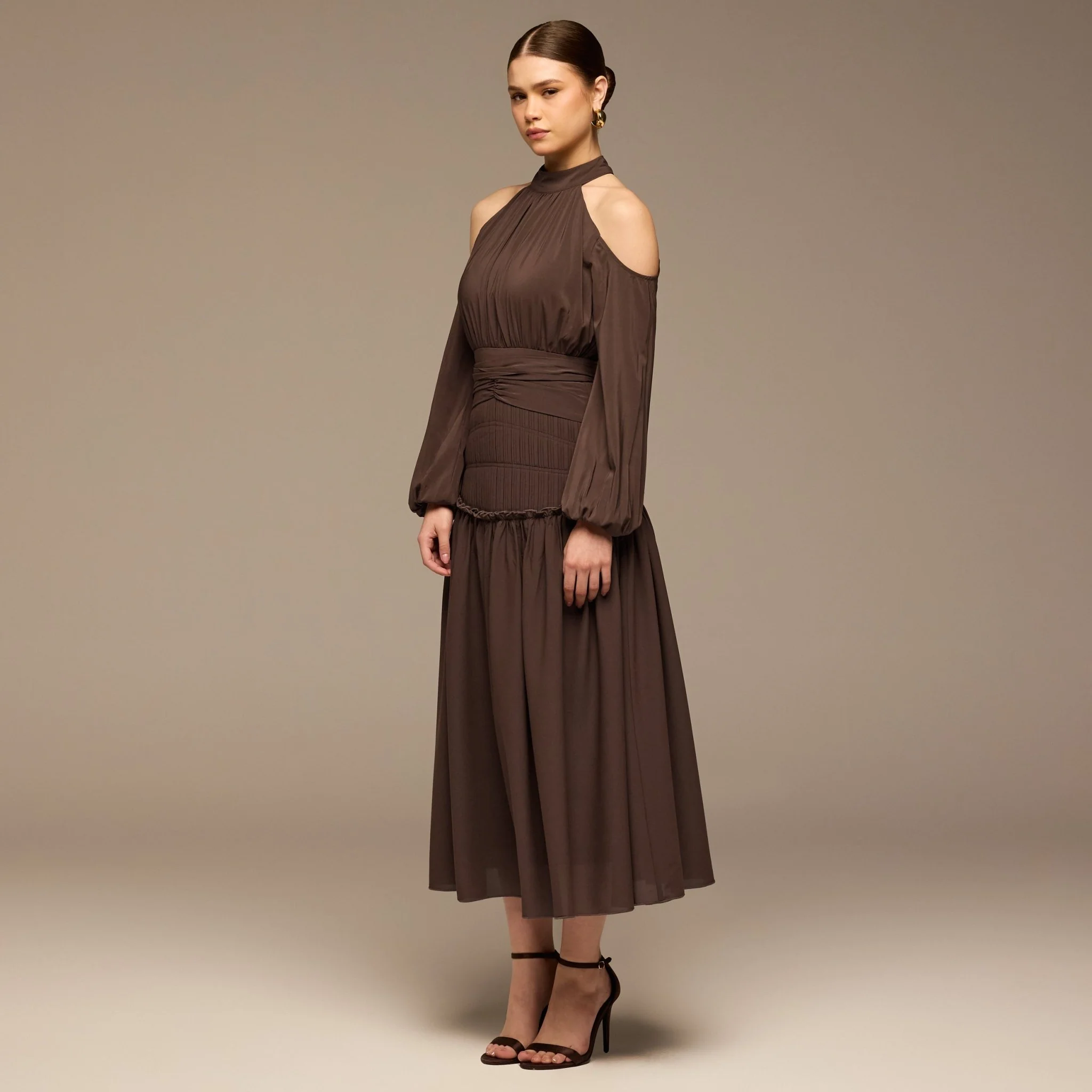 Brown Cold Shoulder Chiffon Dress - Image 2