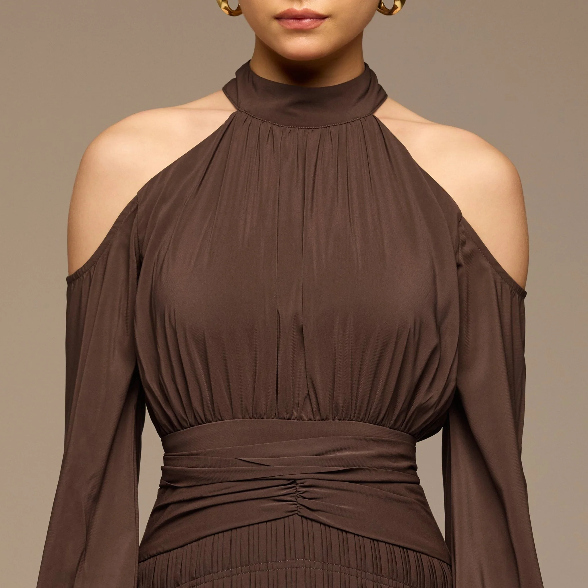Brown Cold Shoulder Chiffon Dress - Image 3