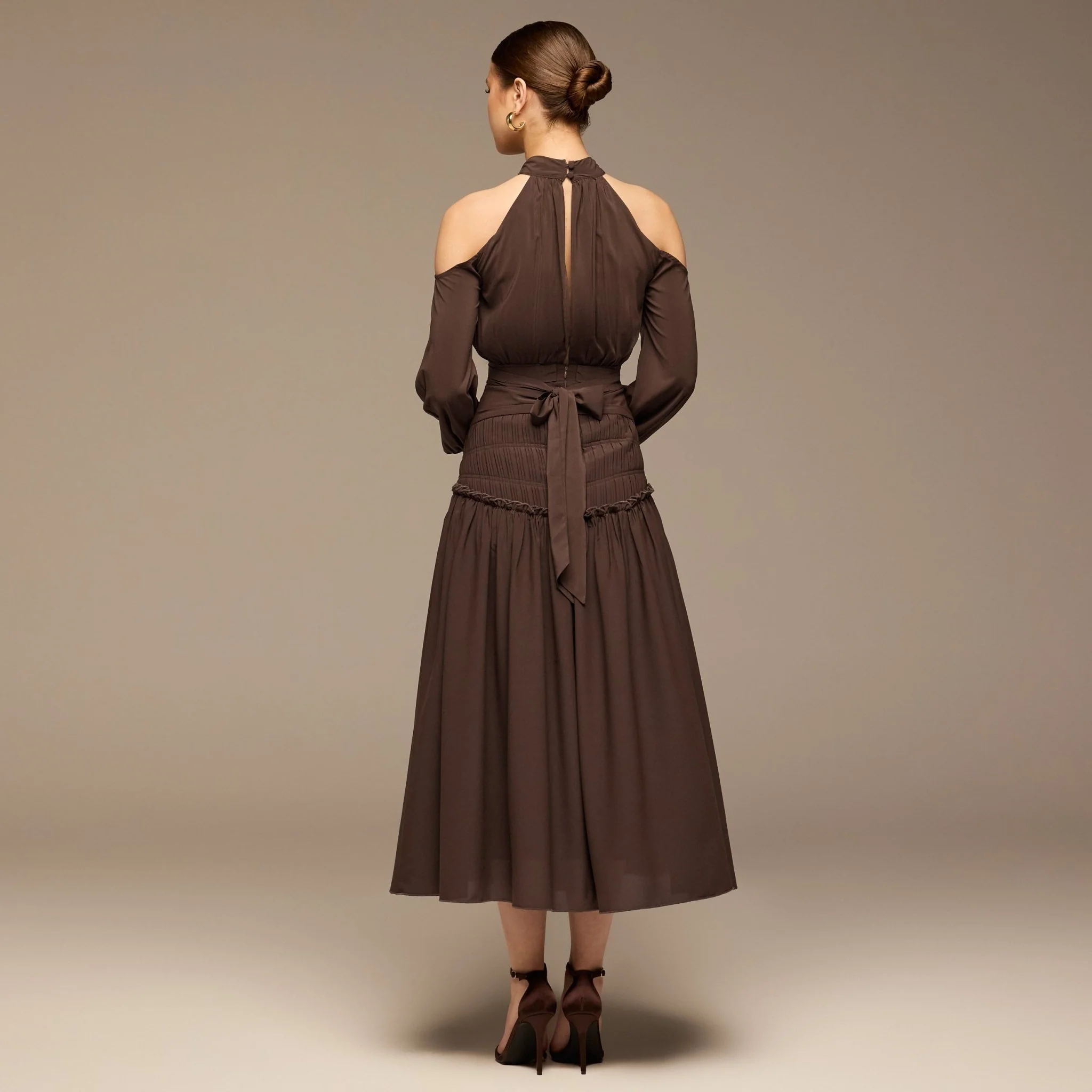Brown Cold Shoulder Chiffon Dress - Image 4