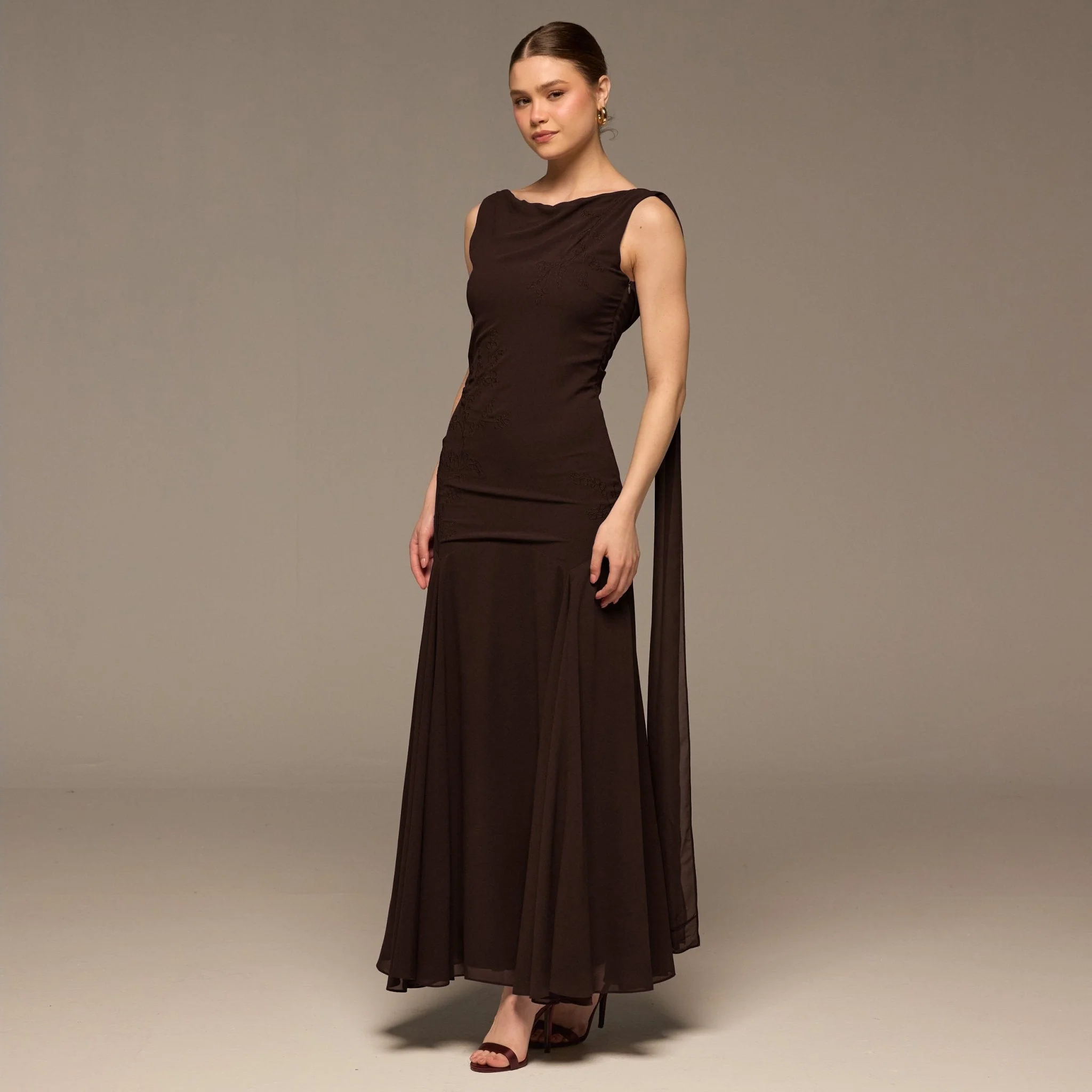 Brown Sleeveless Embroidered Chiffon Maxi Dress - Image 2