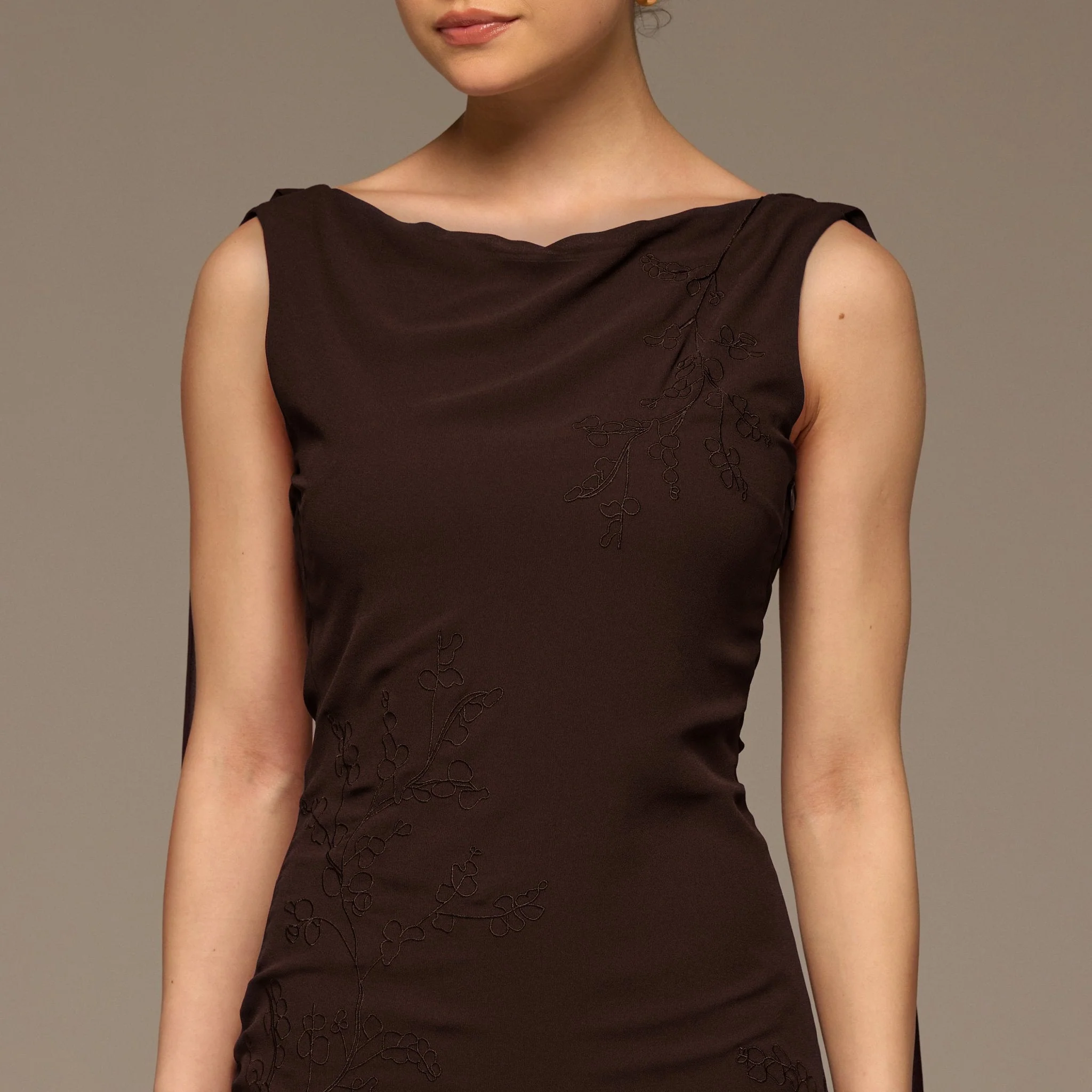 Brown Sleeveless Embroidered Chiffon Maxi Dress - Image 3