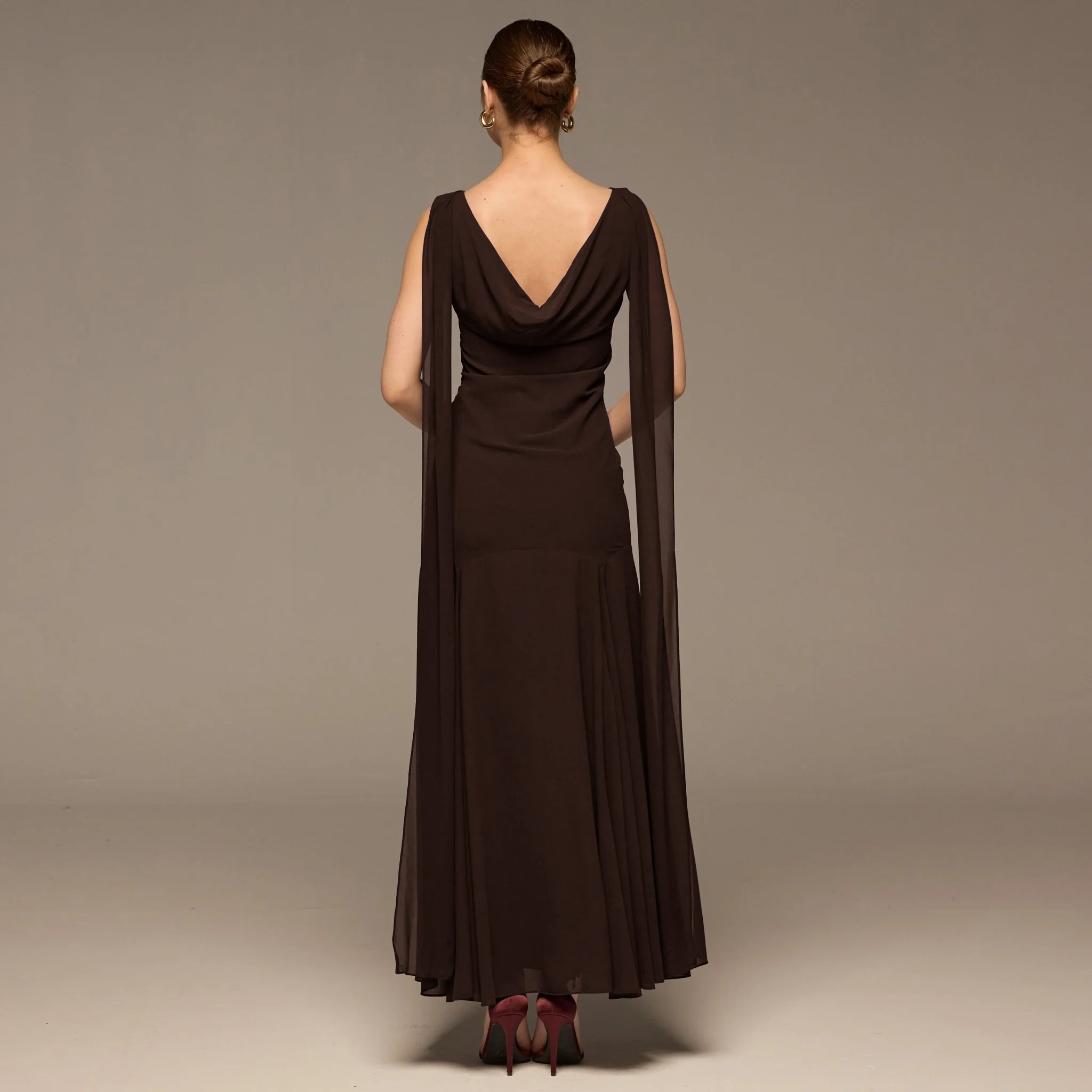 Brown Sleeveless Embroidered Chiffon Maxi Dress - Image 4