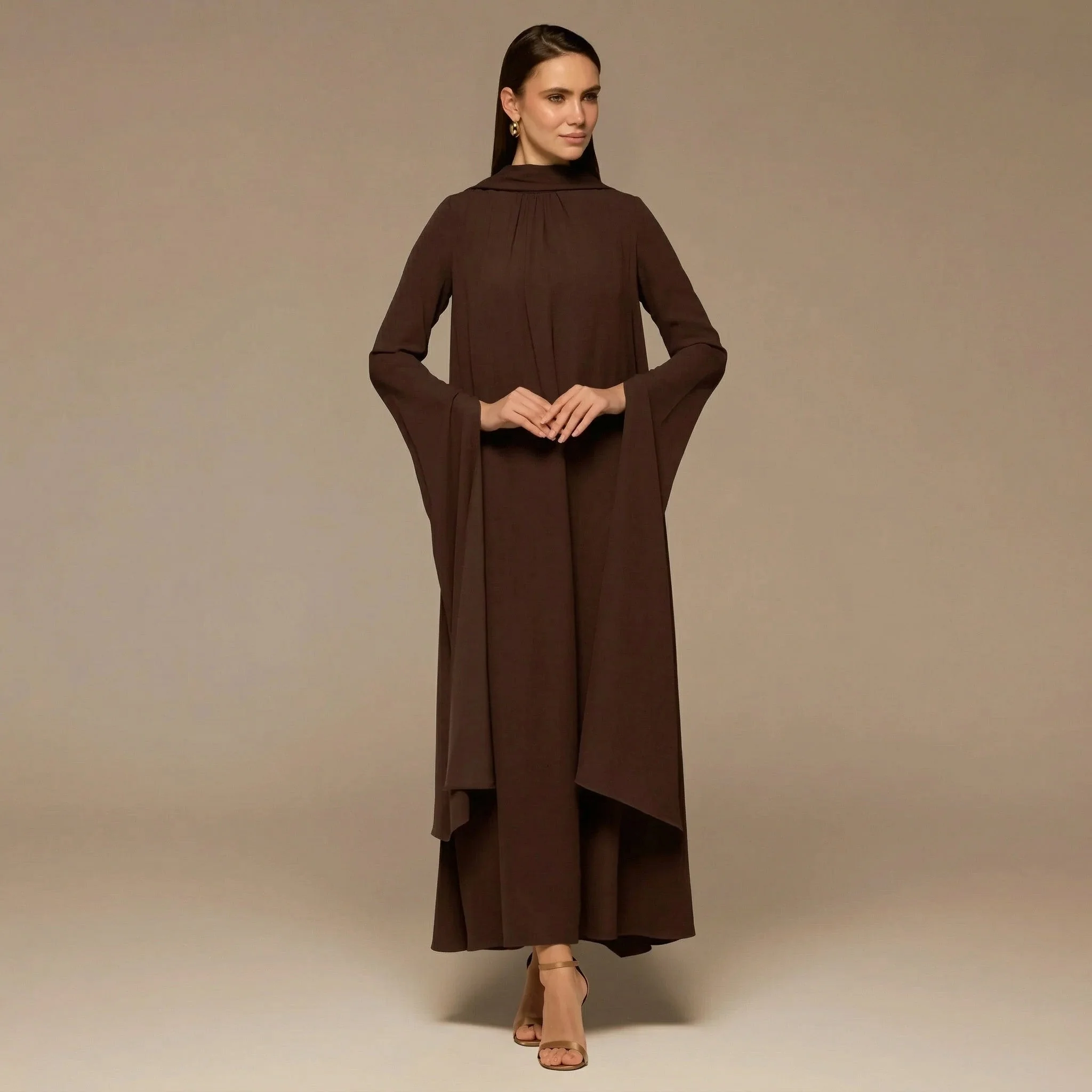 Brown High Neck Long Flared Sleeve Maxi Dress