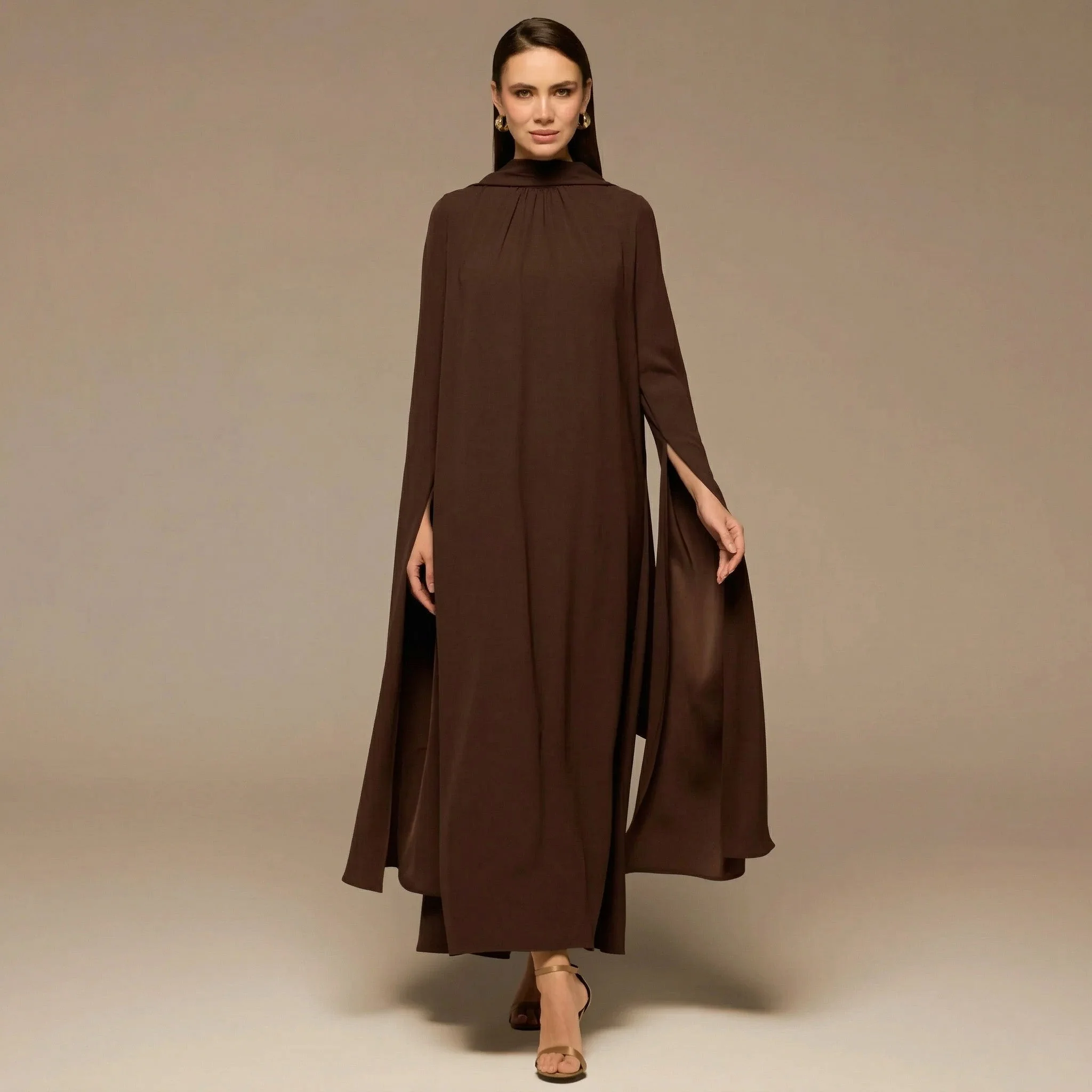 Brown High Neck Long Flared Sleeve Maxi Dress - Image 2