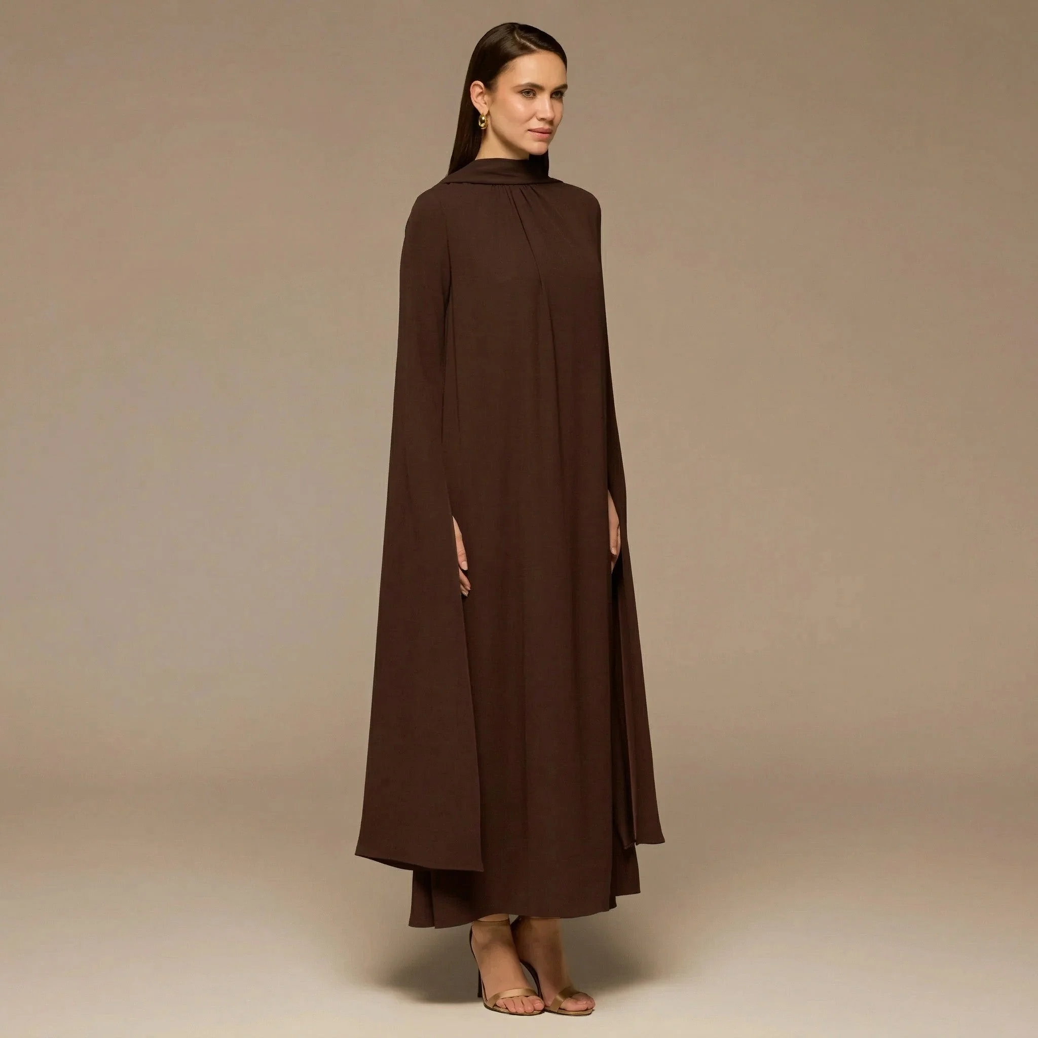 Brown High Neck Long Flared Sleeve Maxi Dress - Image 3