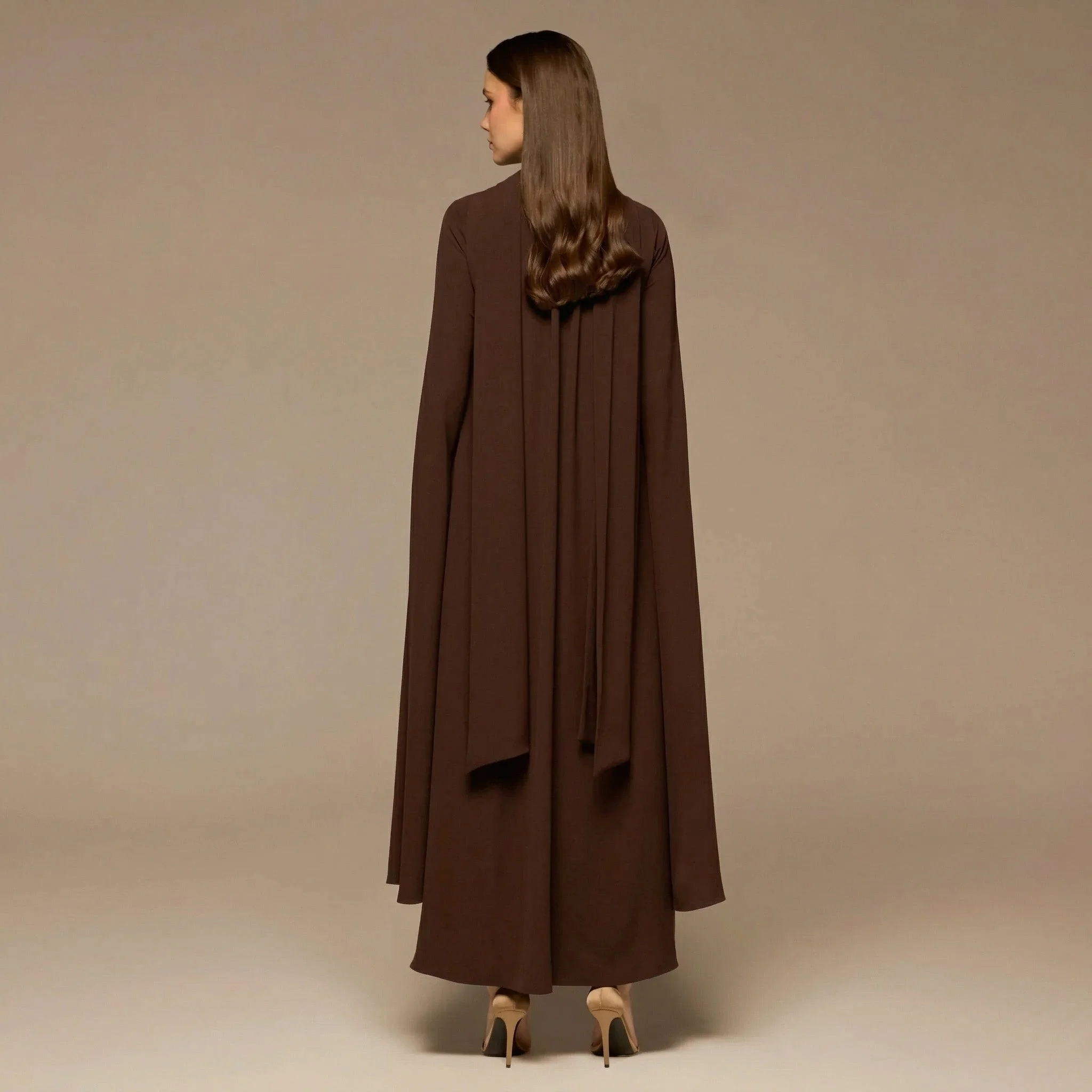Brown High Neck Long Flared Sleeve Maxi Dress - Image 5