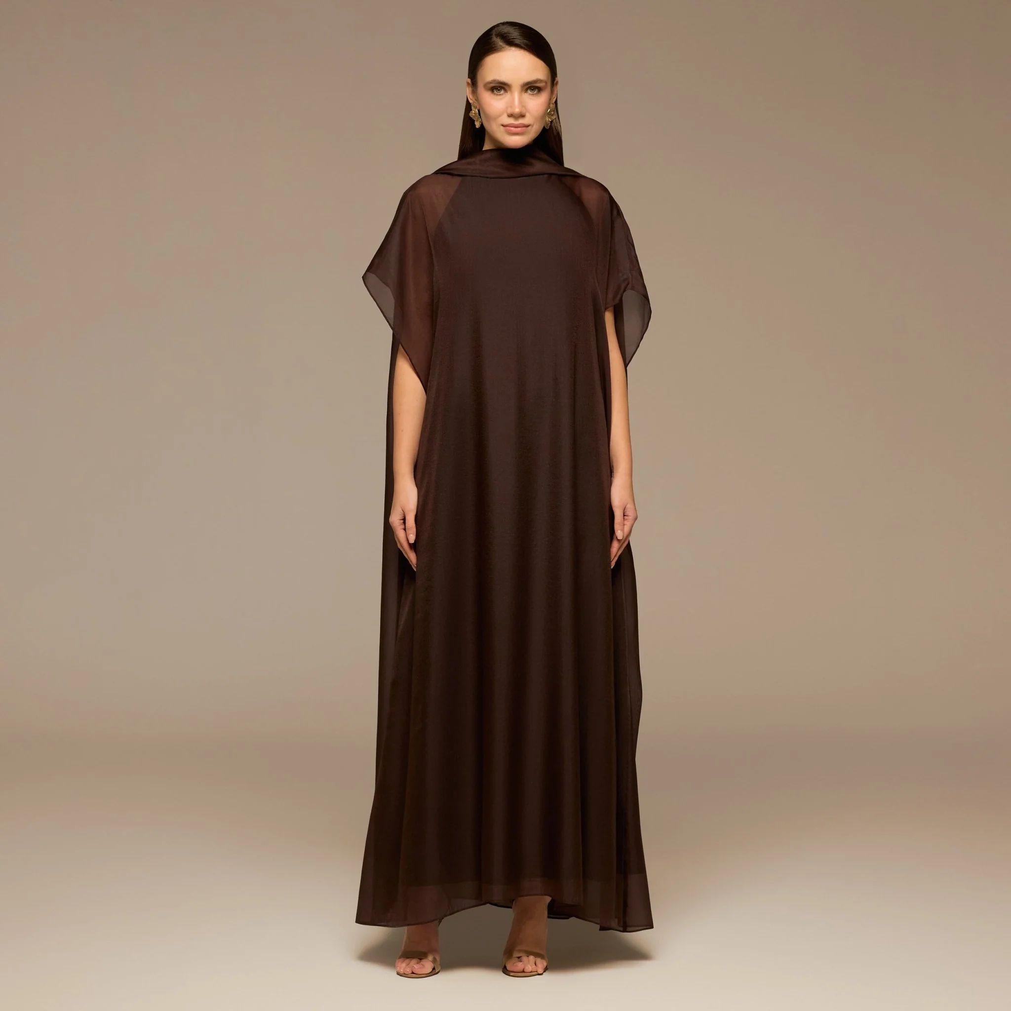 Brown High Neck Maxi Dress With Cape