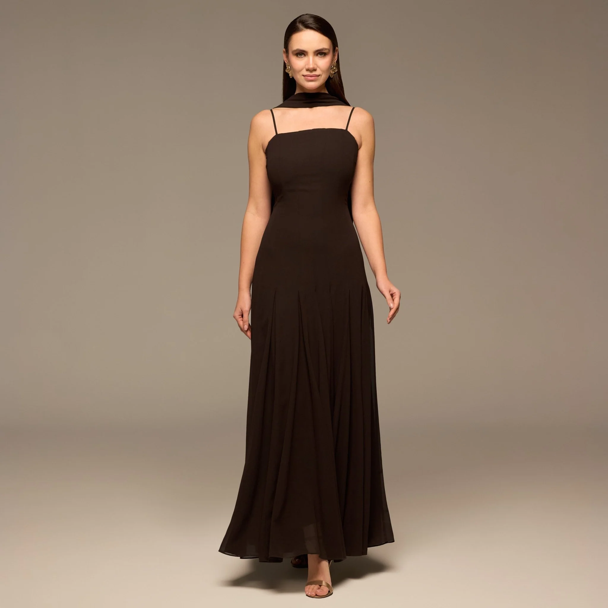 Brown Square Neck Maxi Dress with Scarf Detail