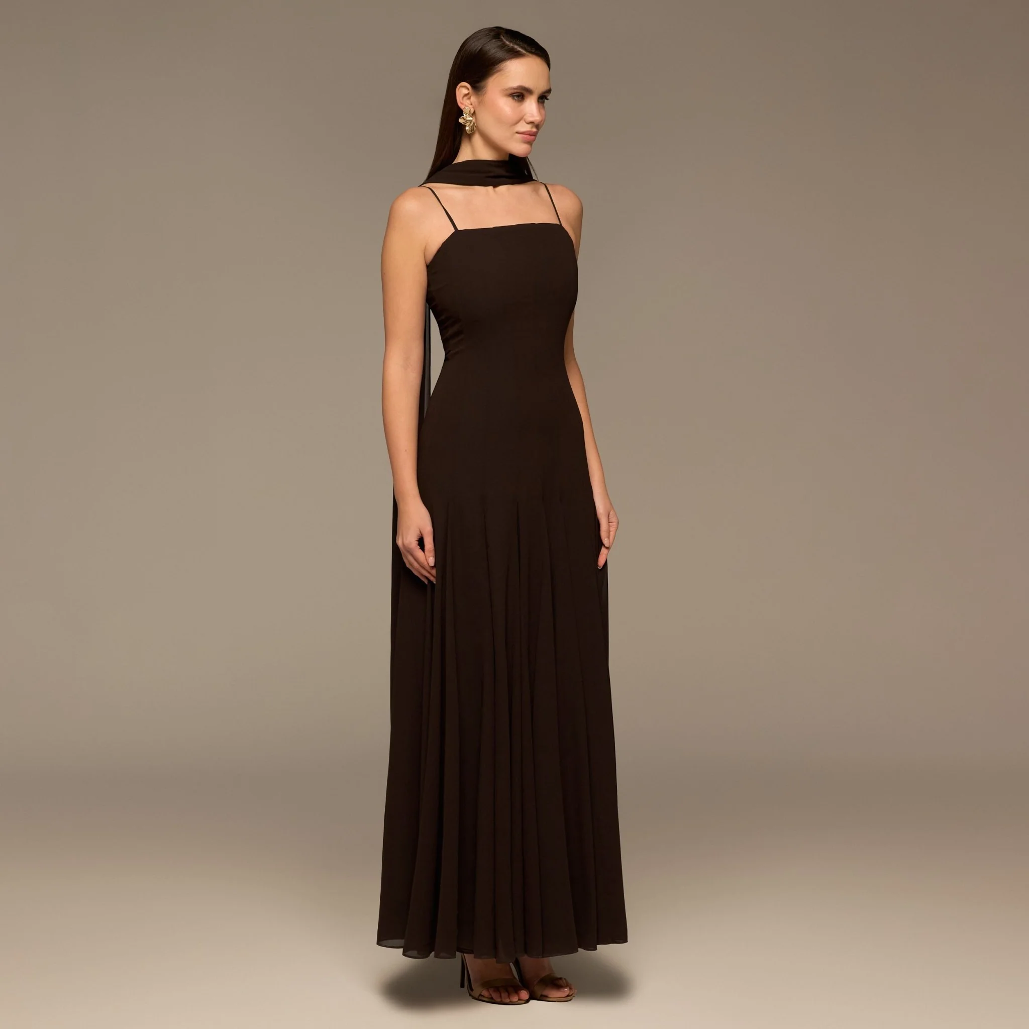 Brown Square Neck Maxi Dress with Scarf Detail - Image 2