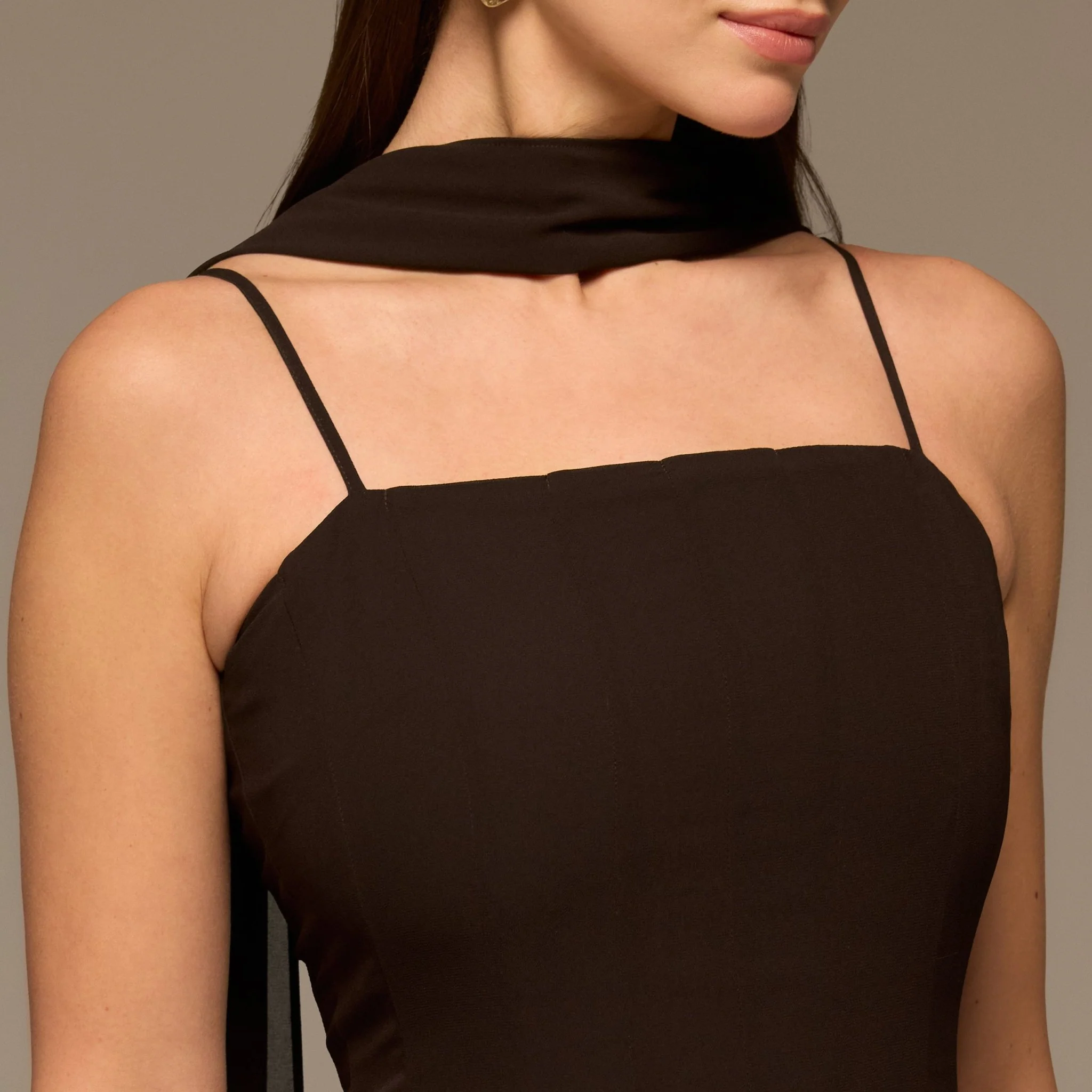 Brown Square Neck Maxi Dress with Scarf Detail - Image 3